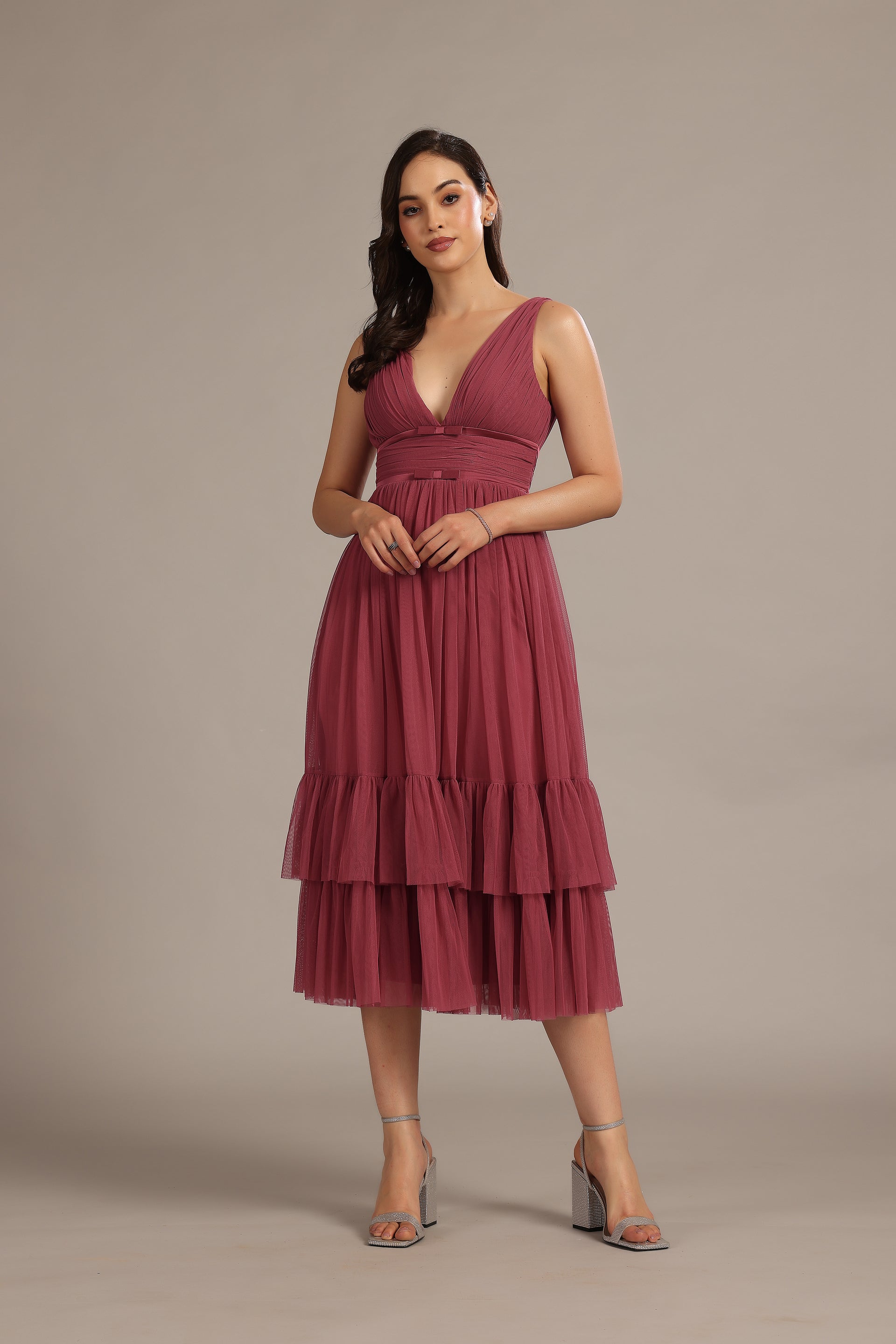 Pink Purple Orchid Tulle Wedding Bridesmaid Garden Party Sleeveless Plunging Midi Dress