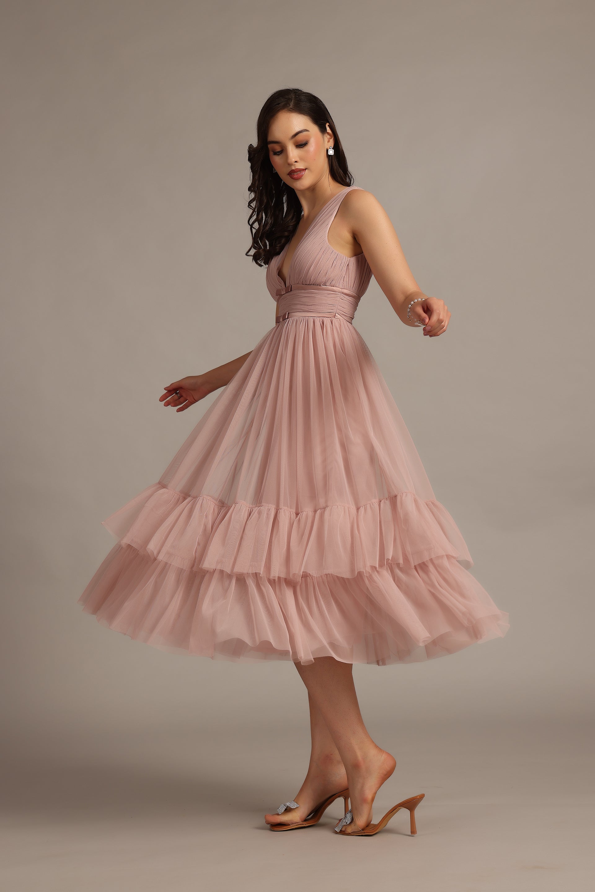 Soft Pink Tulle Wedding Bridesmaid Garden Party Sleeveless Plunging Midi Dress