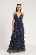 blue floral maxi dress spaghetti-strap tiered-skirt v-neckline