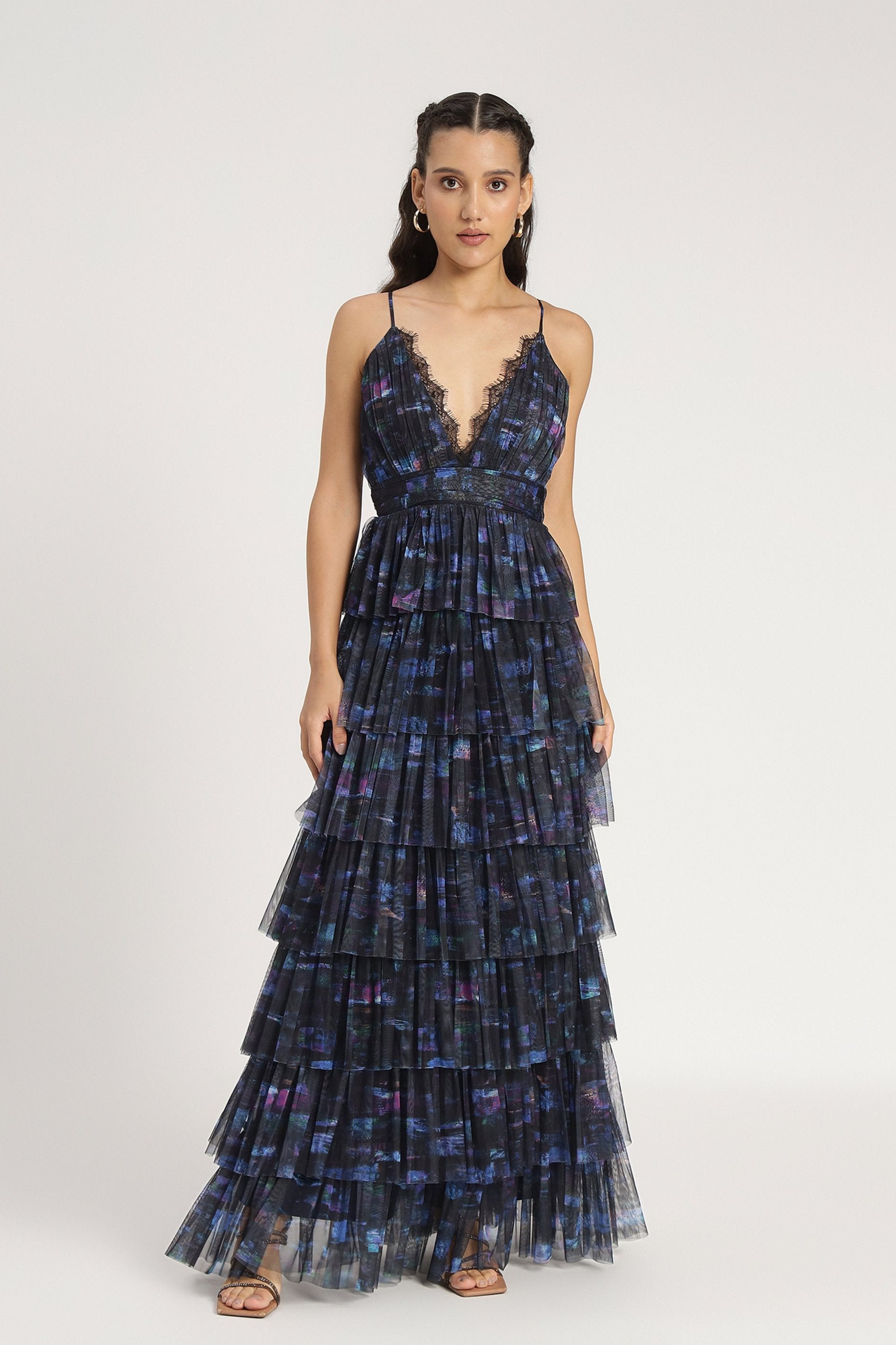blue floral maxi dress spaghetti-strap tiered-skirt v-neckline