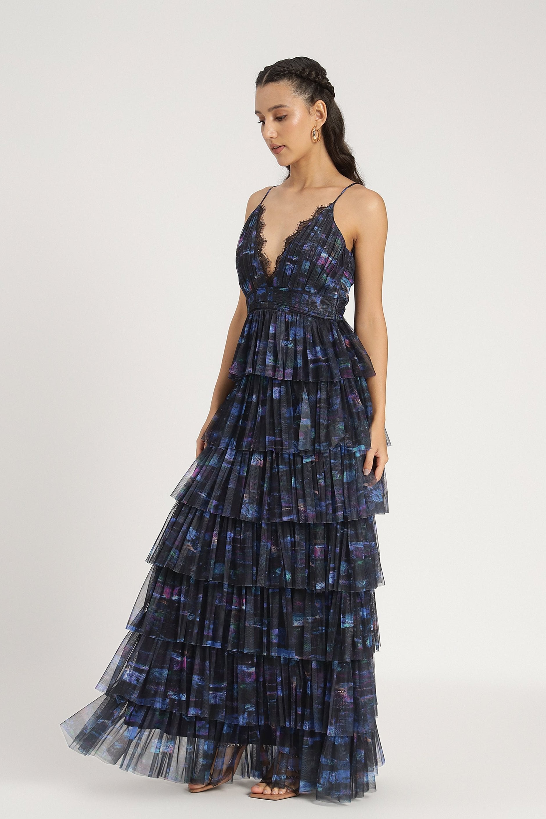 Oakley Tulle Maxi Dress in Blue Print