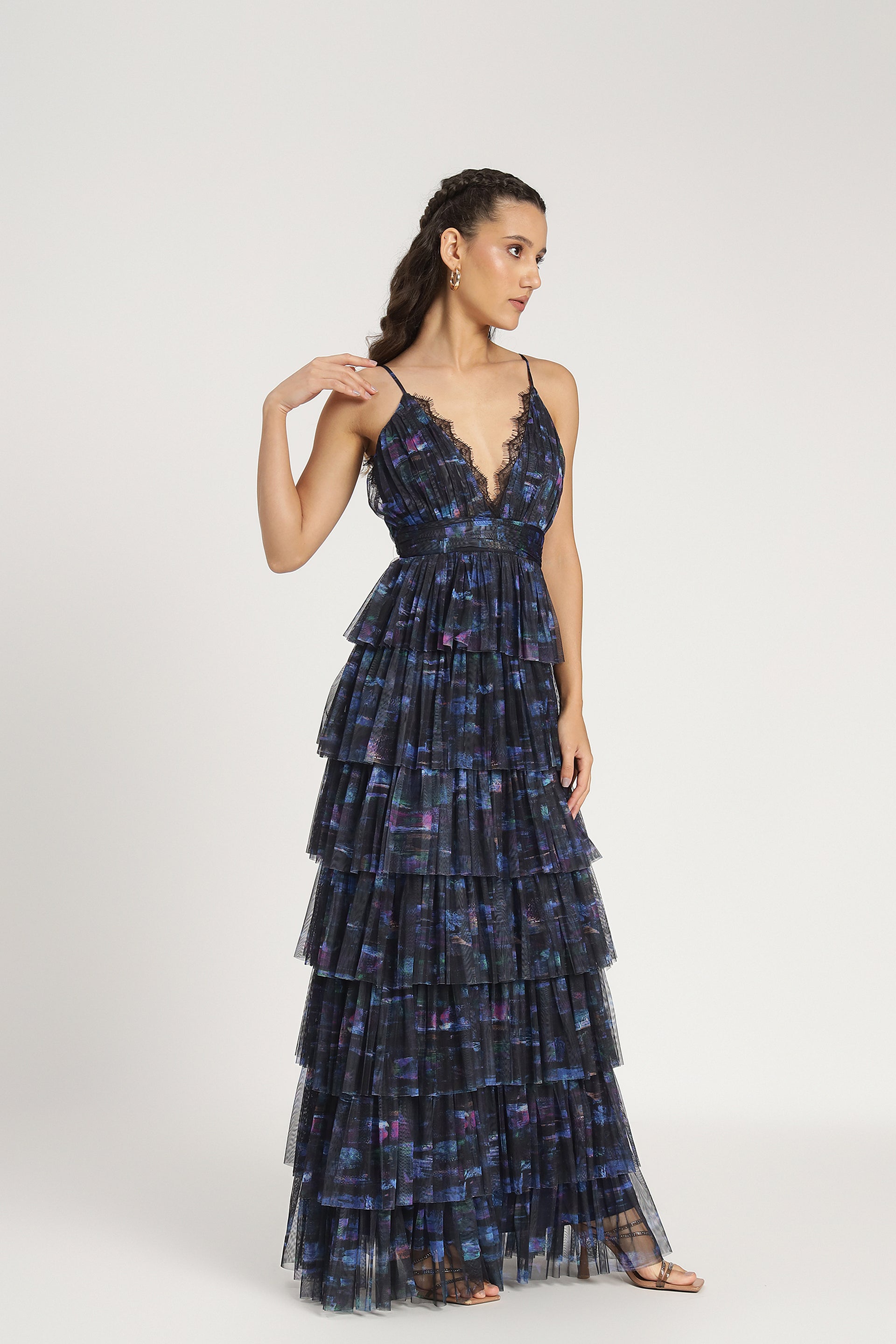 Oakley Tulle Maxi Dress in Blue Print