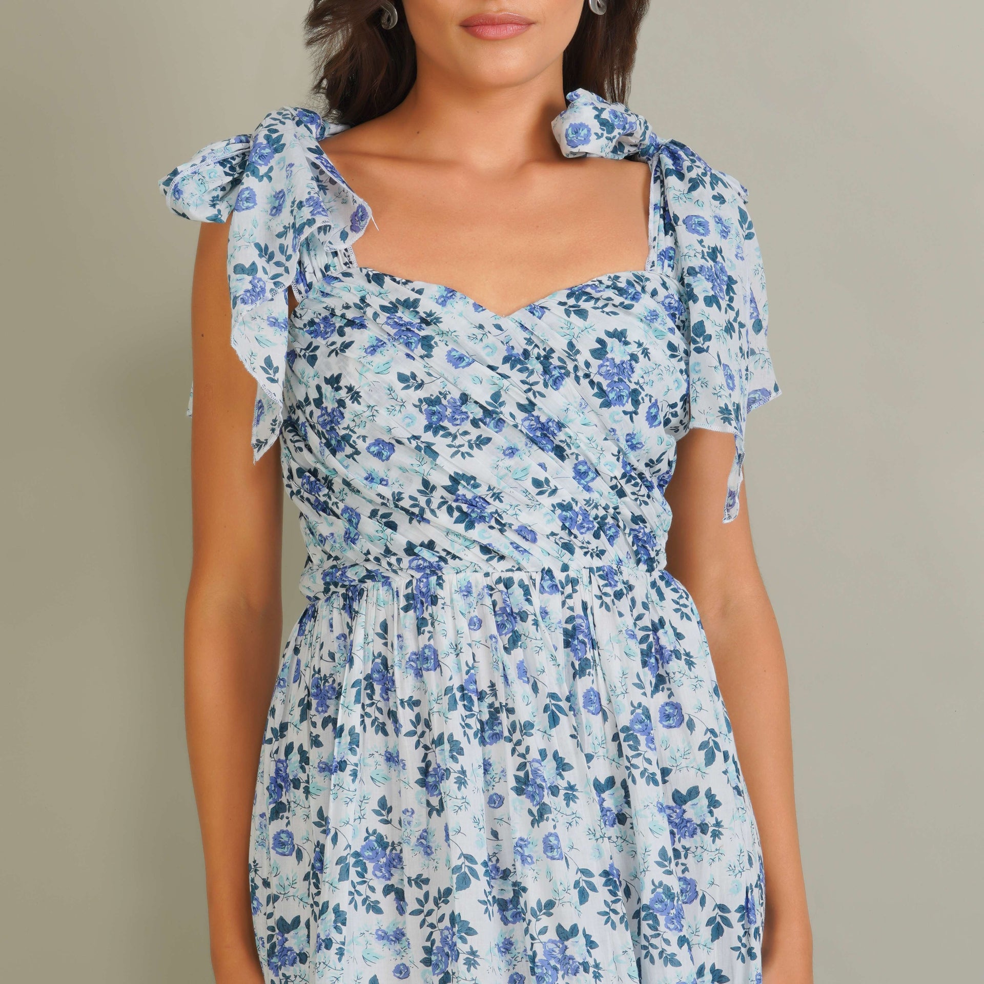 Ollie Cotton Midi Dress in Blue White Floral