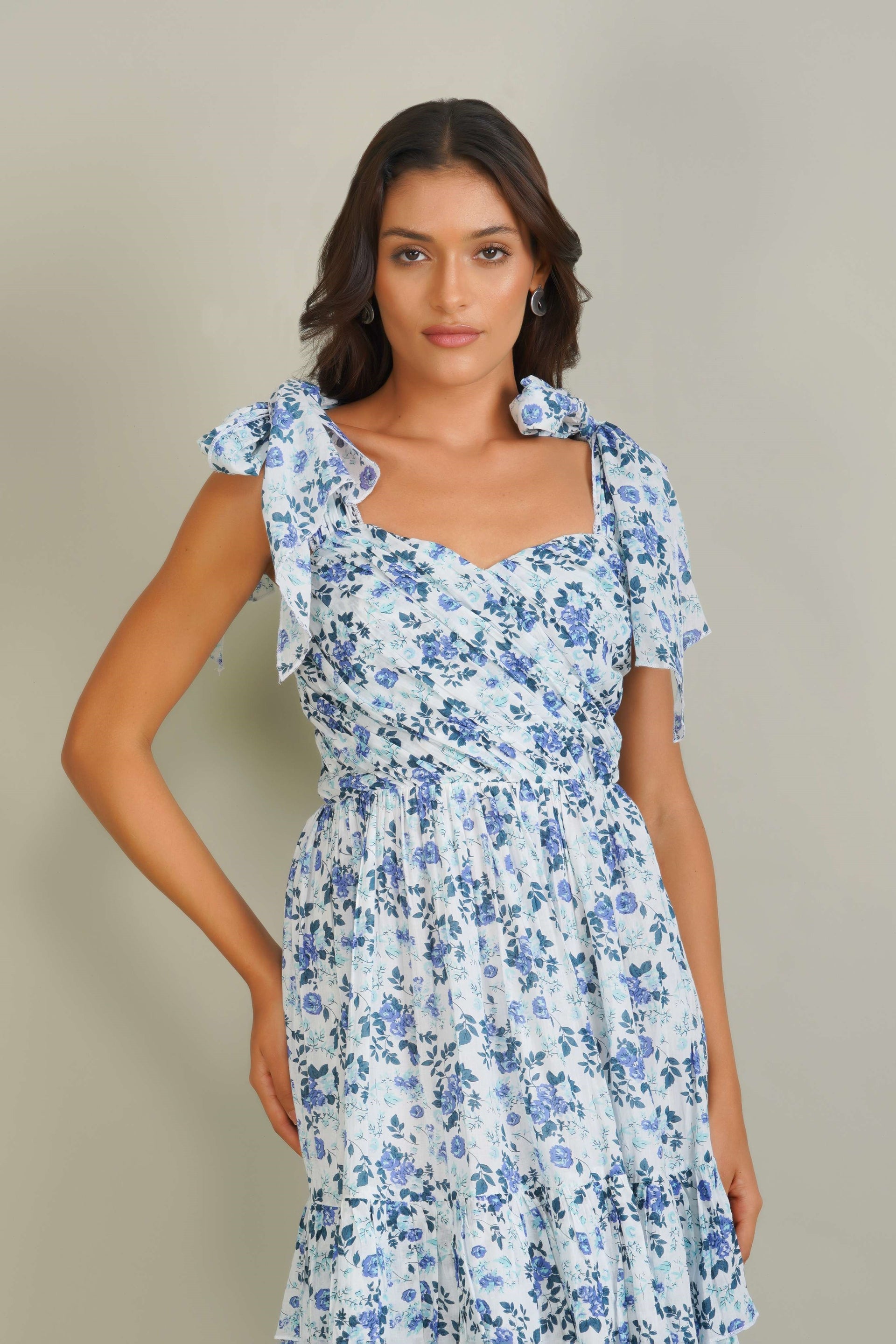 Ollie Cotton Midi Dress in Blue White Floral