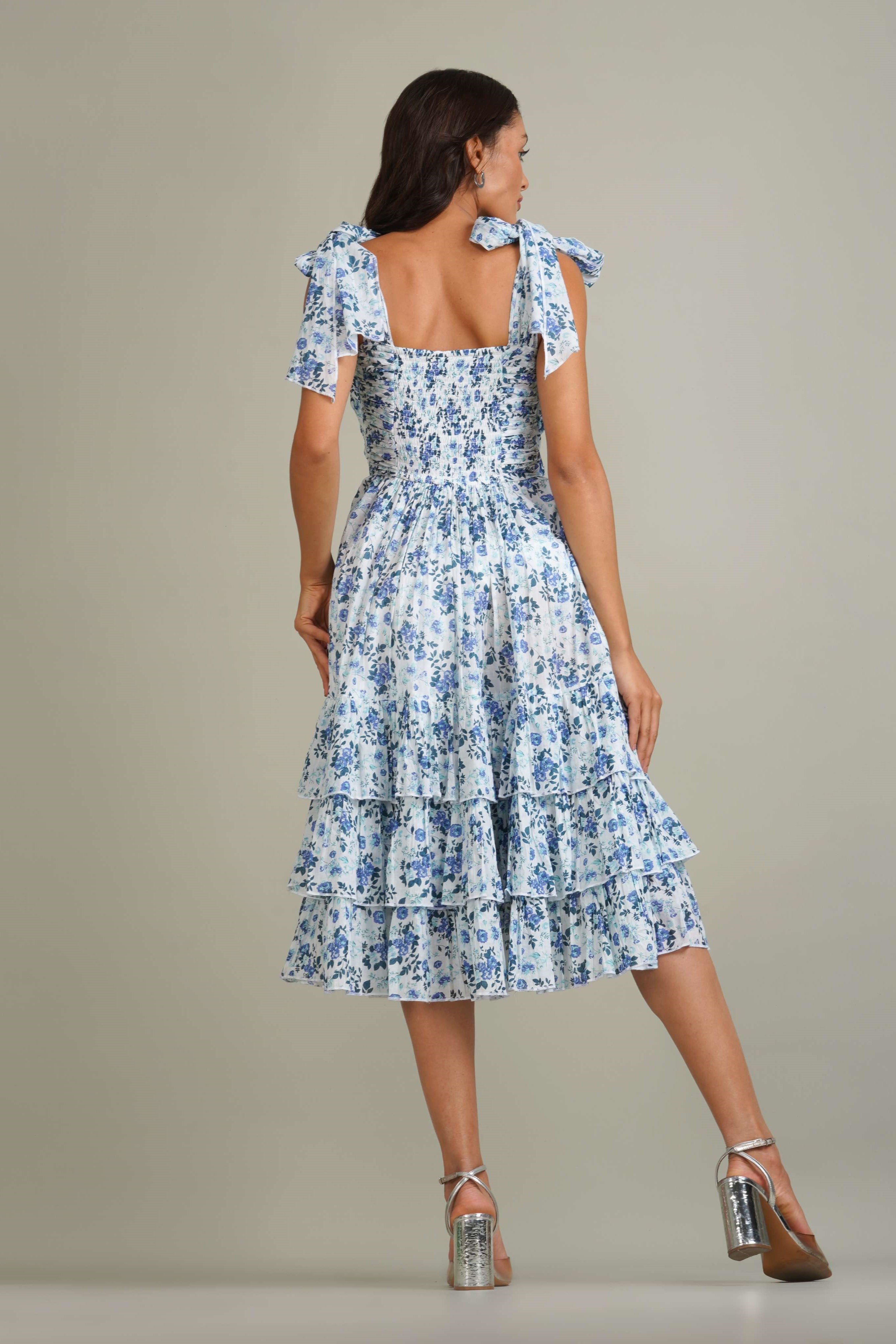 Ollie Cotton Midi Dress in Blue White Floral