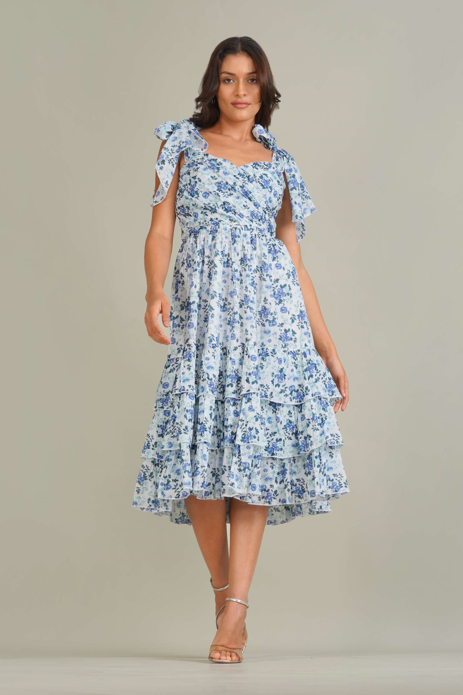 Ollie Cotton Midi Dress in Blue White Floral