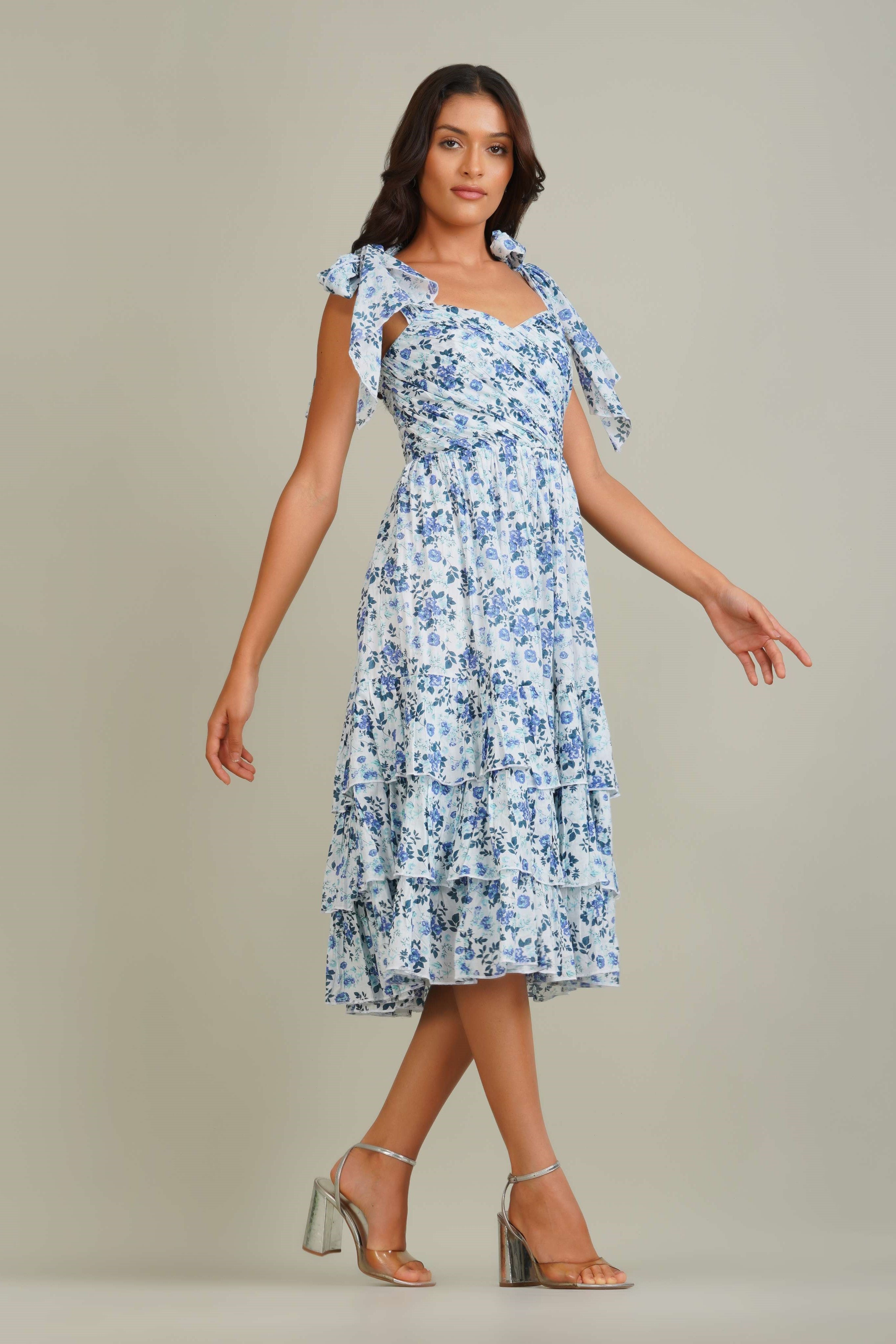 Cotton Midi Rouched Sweetheart Tie Shoulder Ruffle Hem Midi Blue Floral Print Dress
