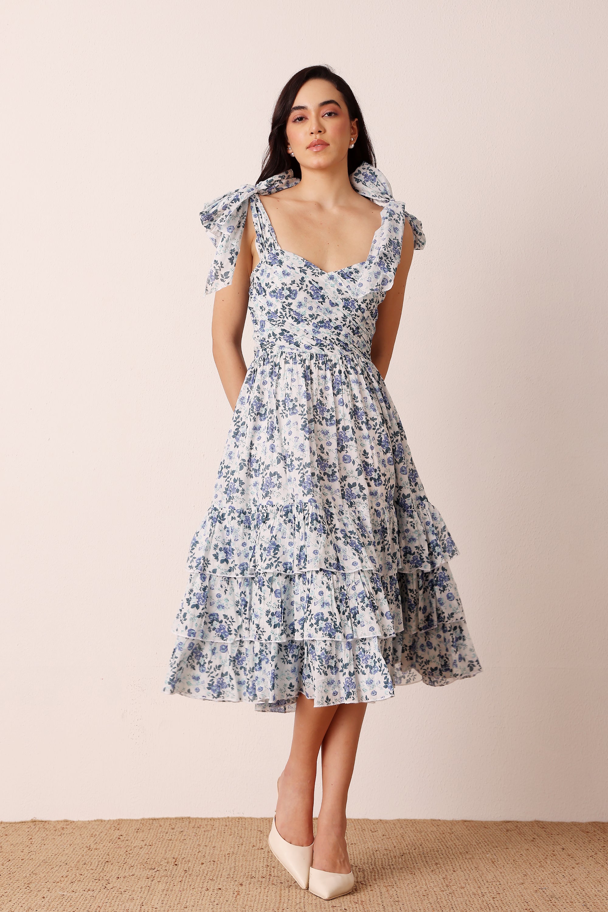 Ollie Cotton Midi Dress in Blue White Floral