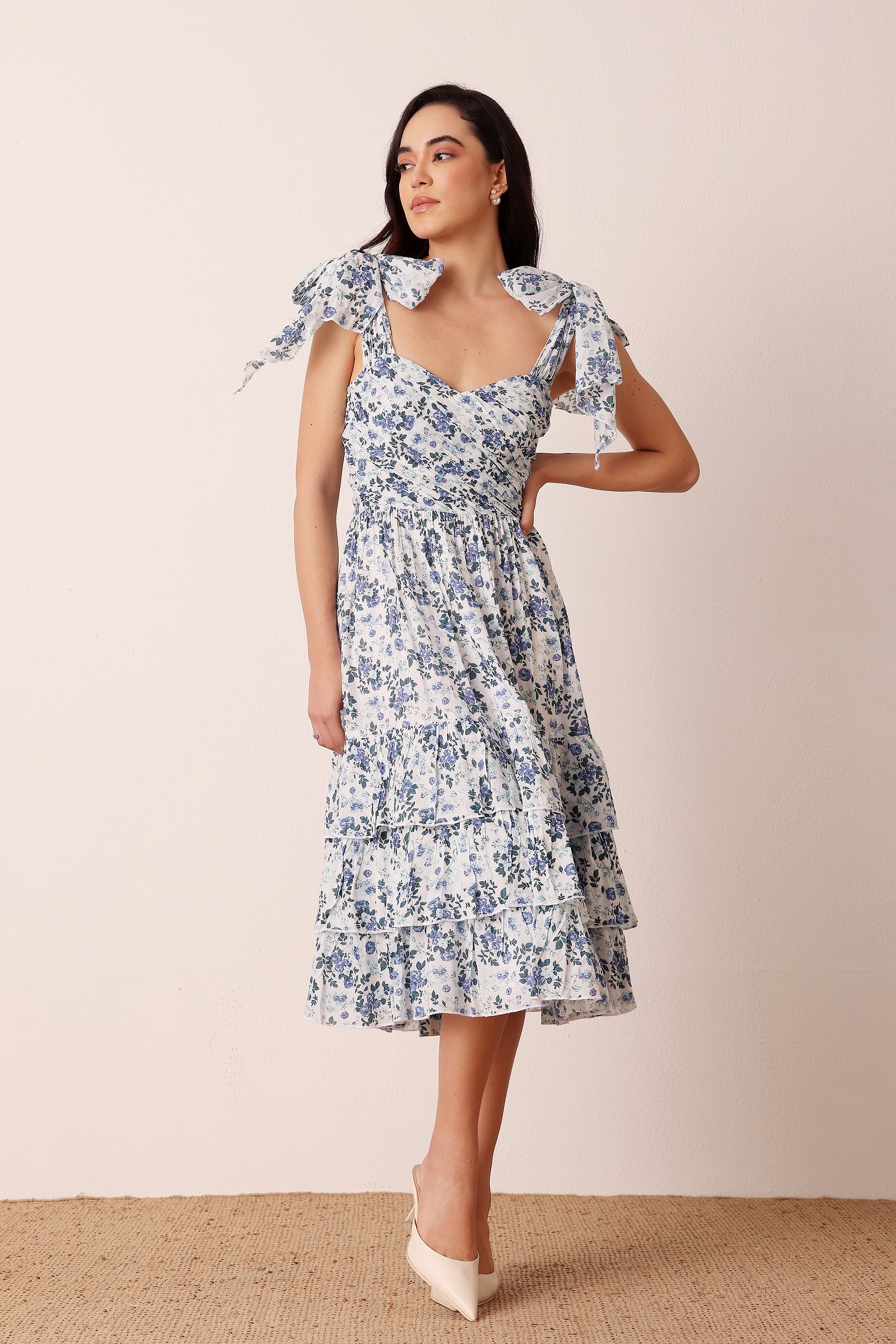 Ollie Cotton Midi Dress in Blue White Floral