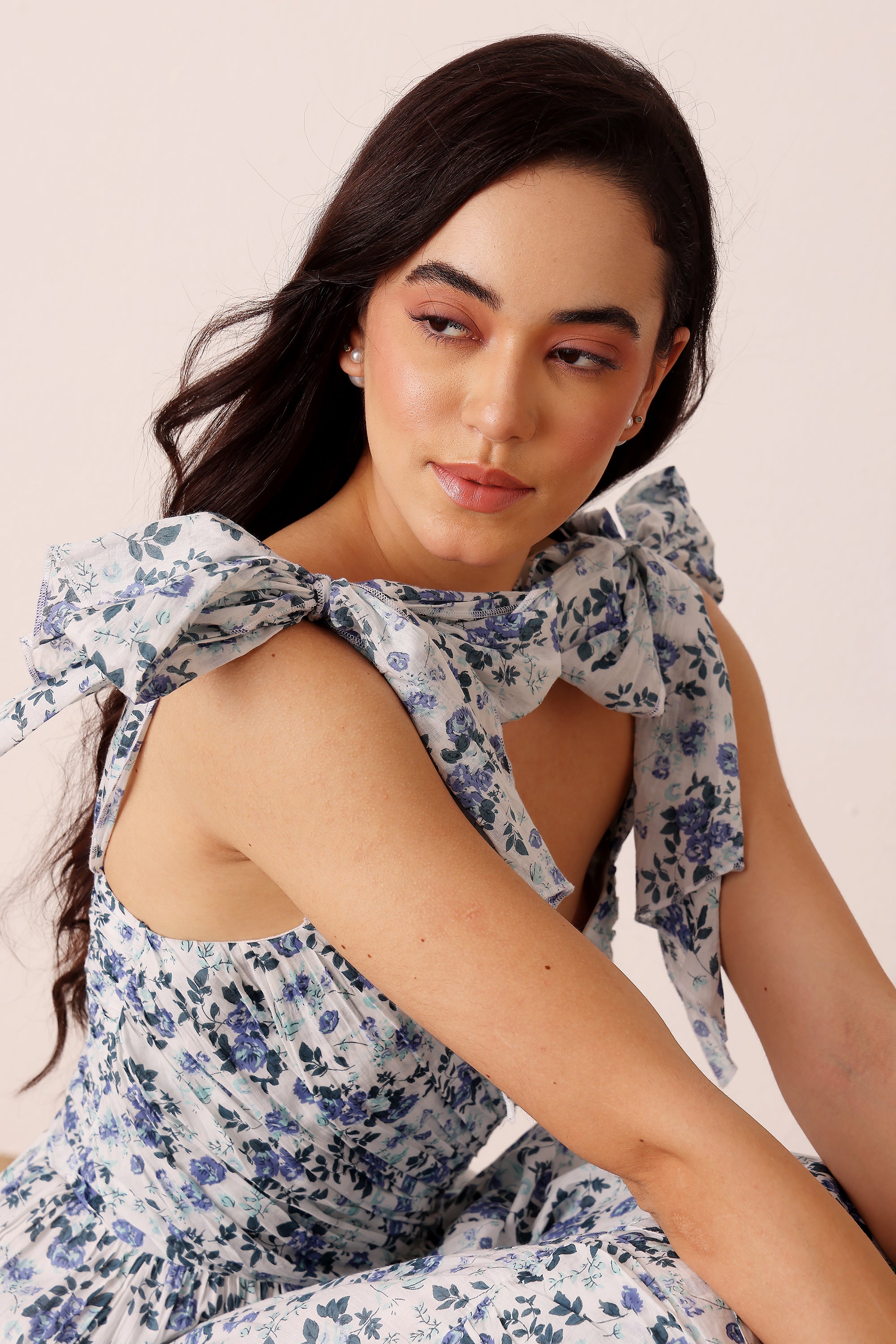 Ollie Cotton Midi Dress in Blue White Floral