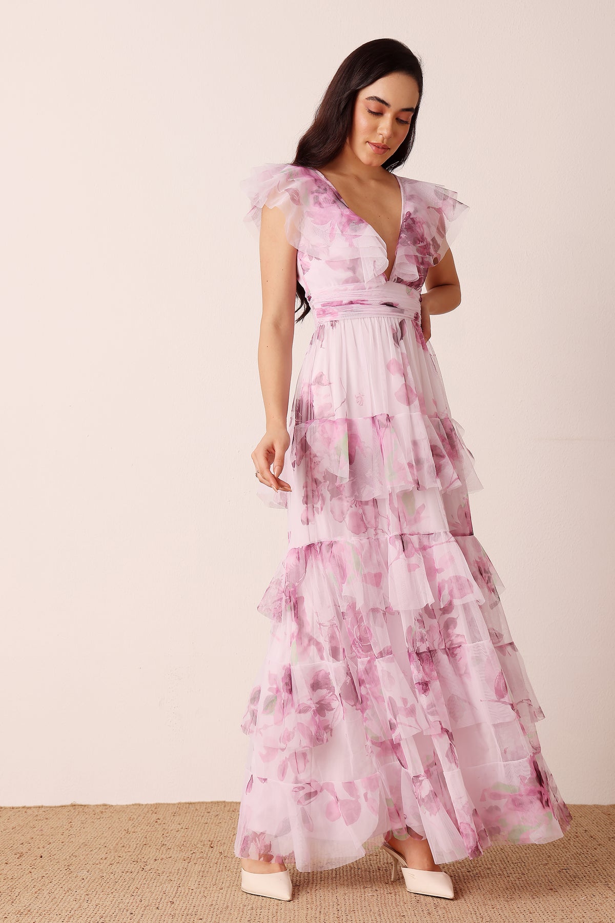 Flutter sleeve purple pink floral bridesmaid wedding guest garden party cinched waist maxi dress