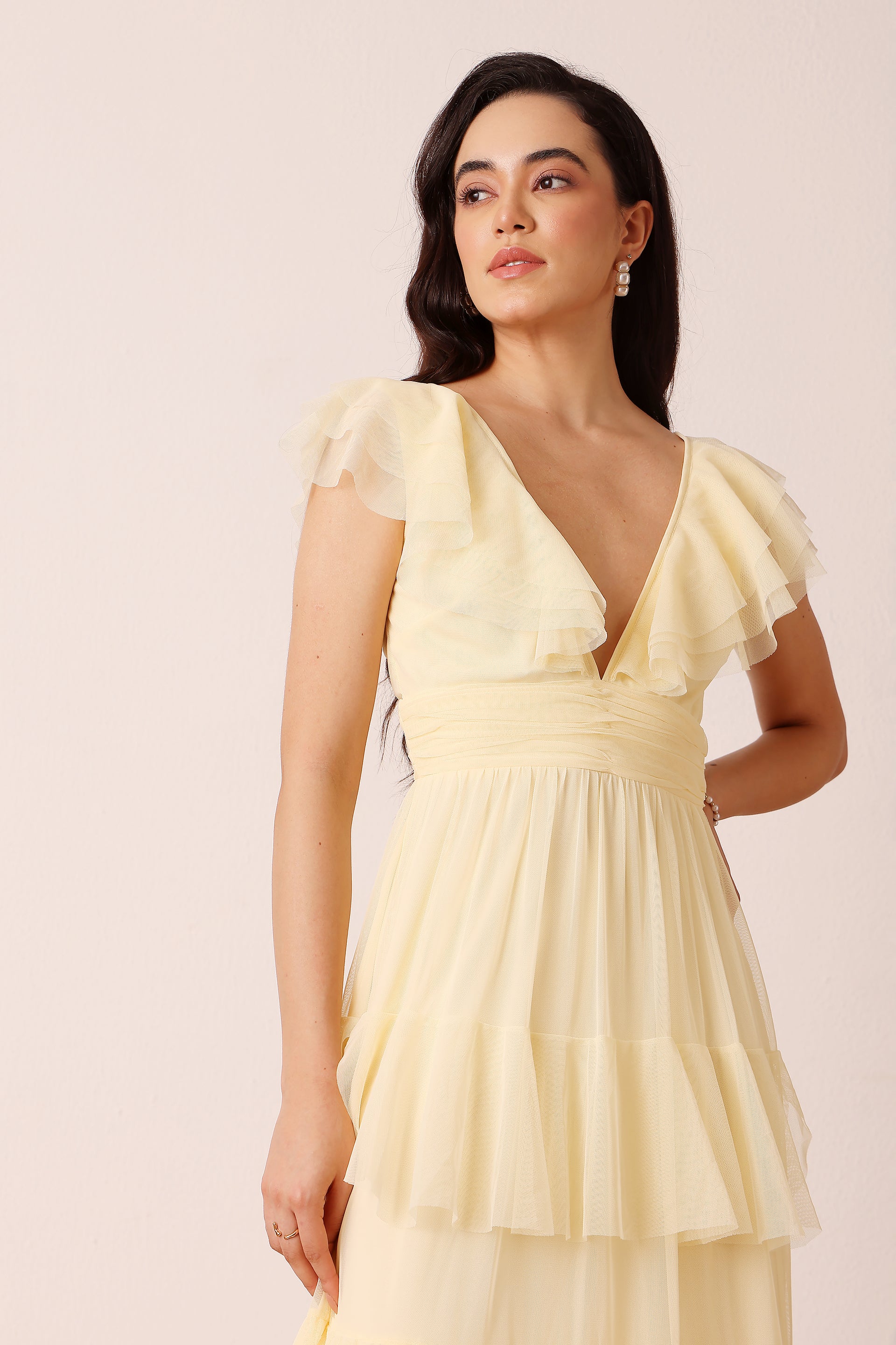 Plunging neckline flutter sleeve buttercup yellow maxi dress wedding guest bridesmaid