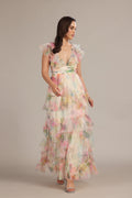 Tulle Printed Floral Wedding Guest Formal Cream Pink Plunging Maxi Dress