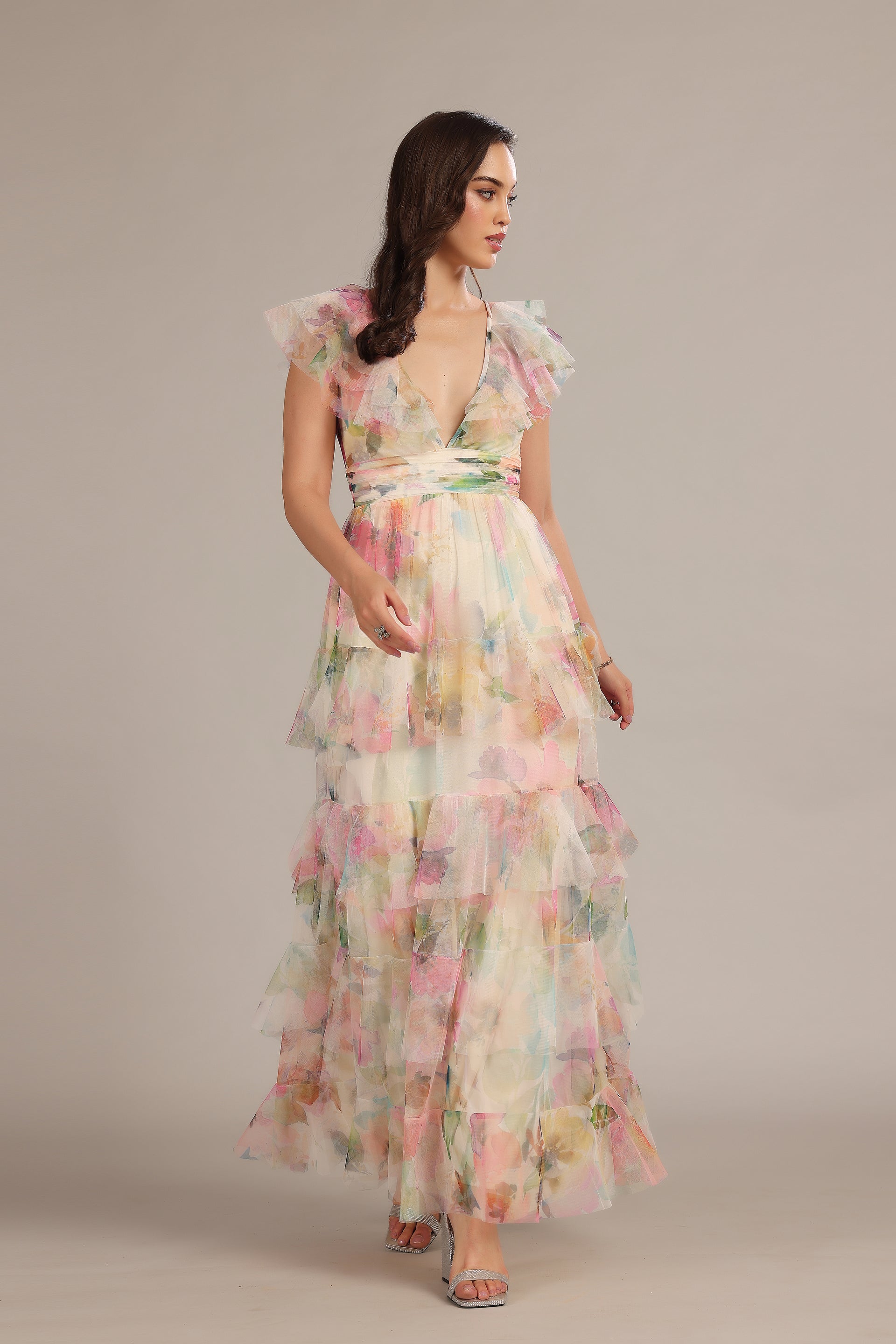 Tulle Printed Floral Wedding Guest Formal Cream Pink Plunging Maxi Dress