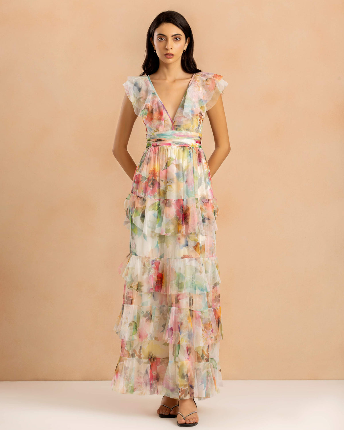 Olympia Maxi Dress in Cream Pink Floral