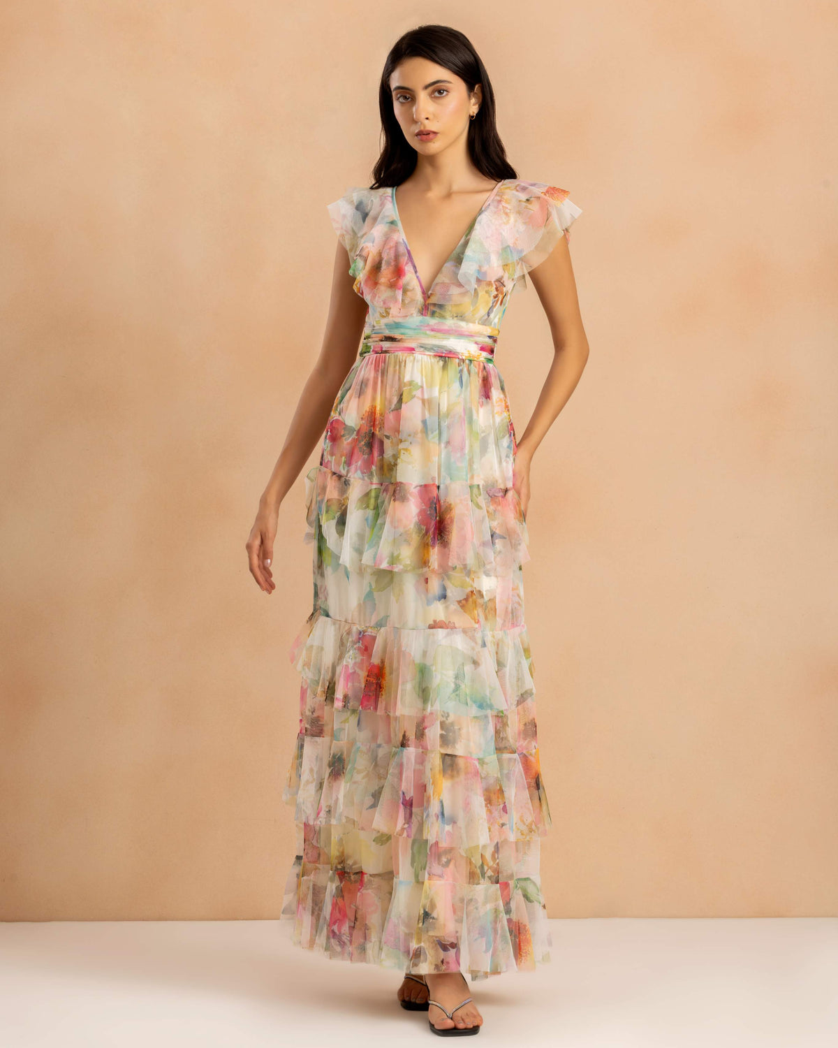 Olympia Maxi Dress in Cream Pink Floral