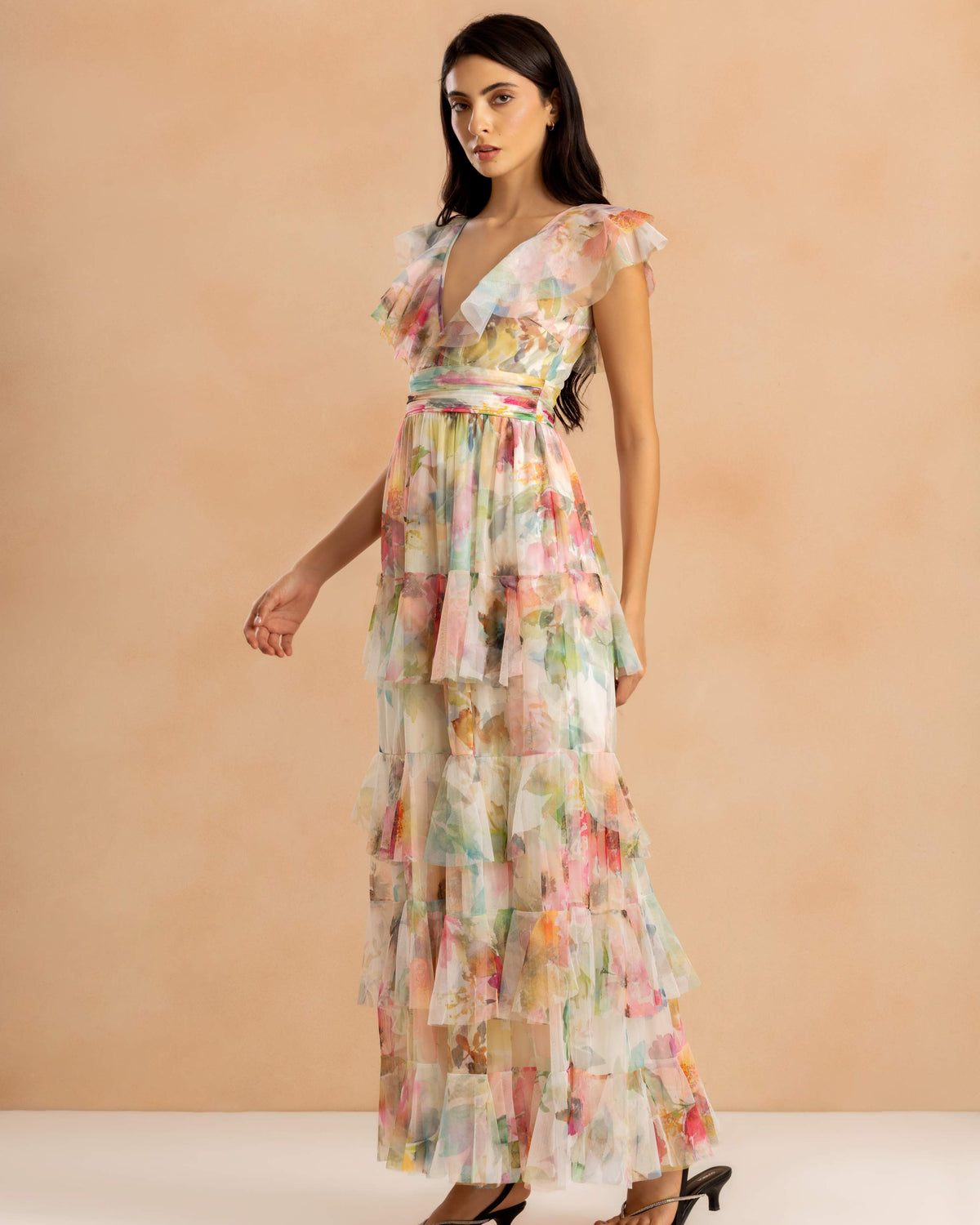 Olympia Maxi Dress in Cream Pink Floral