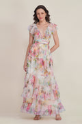 Tulle Printed Floral Wedding Guest Formal Cream Pink Plunging Maxi Dress