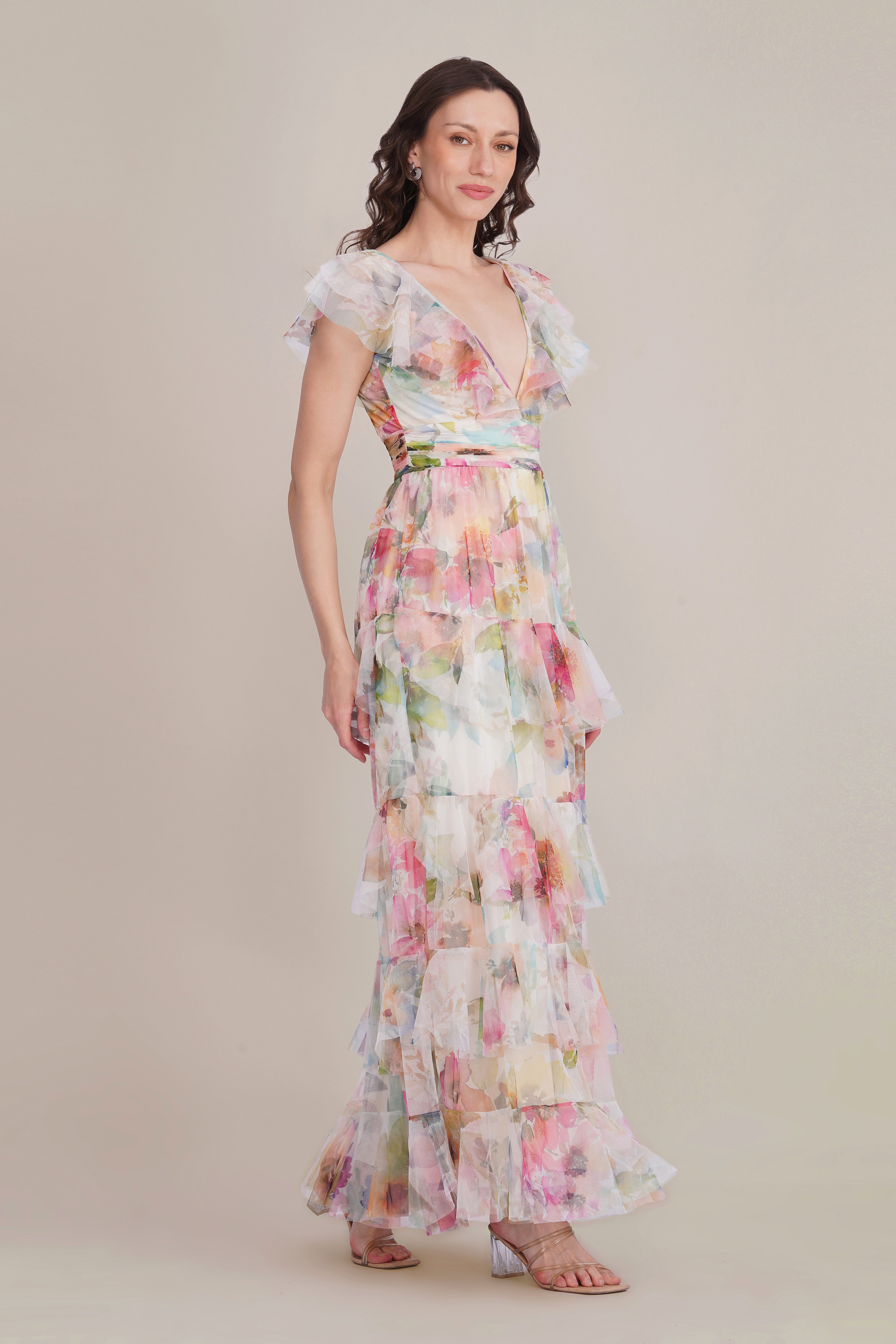 Olympia Maxi Dress in Cream Pink Floral
