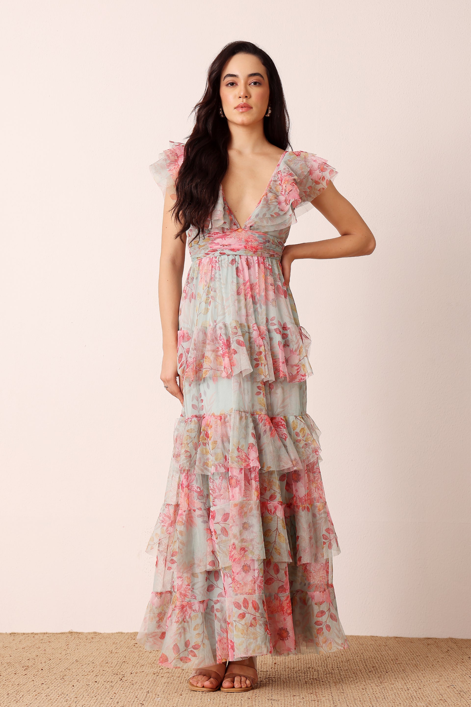 Plunging neckline wedding guest maxi dress in mint floral