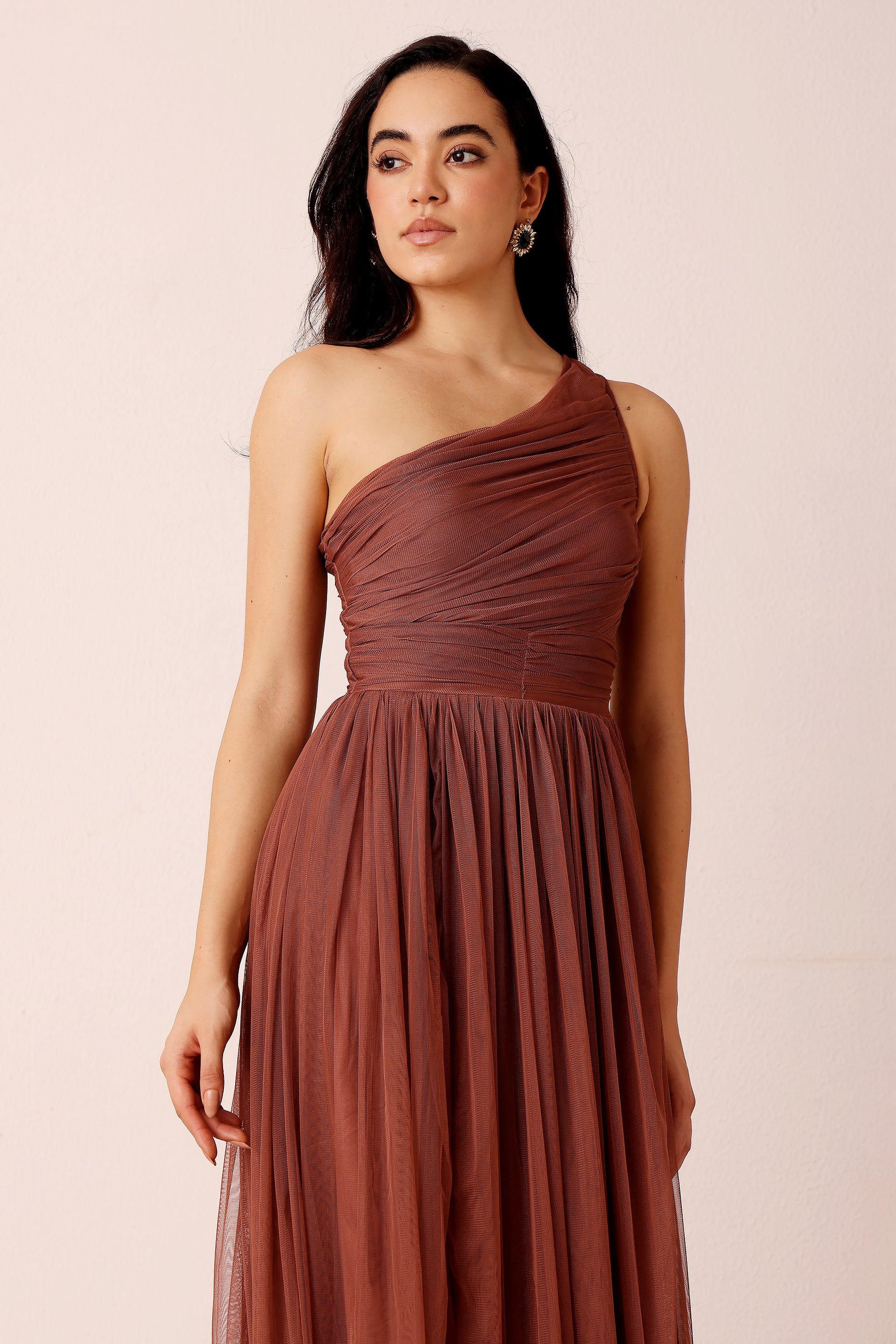 One Shoulder Tulle Maxi Dress in Rose Brown