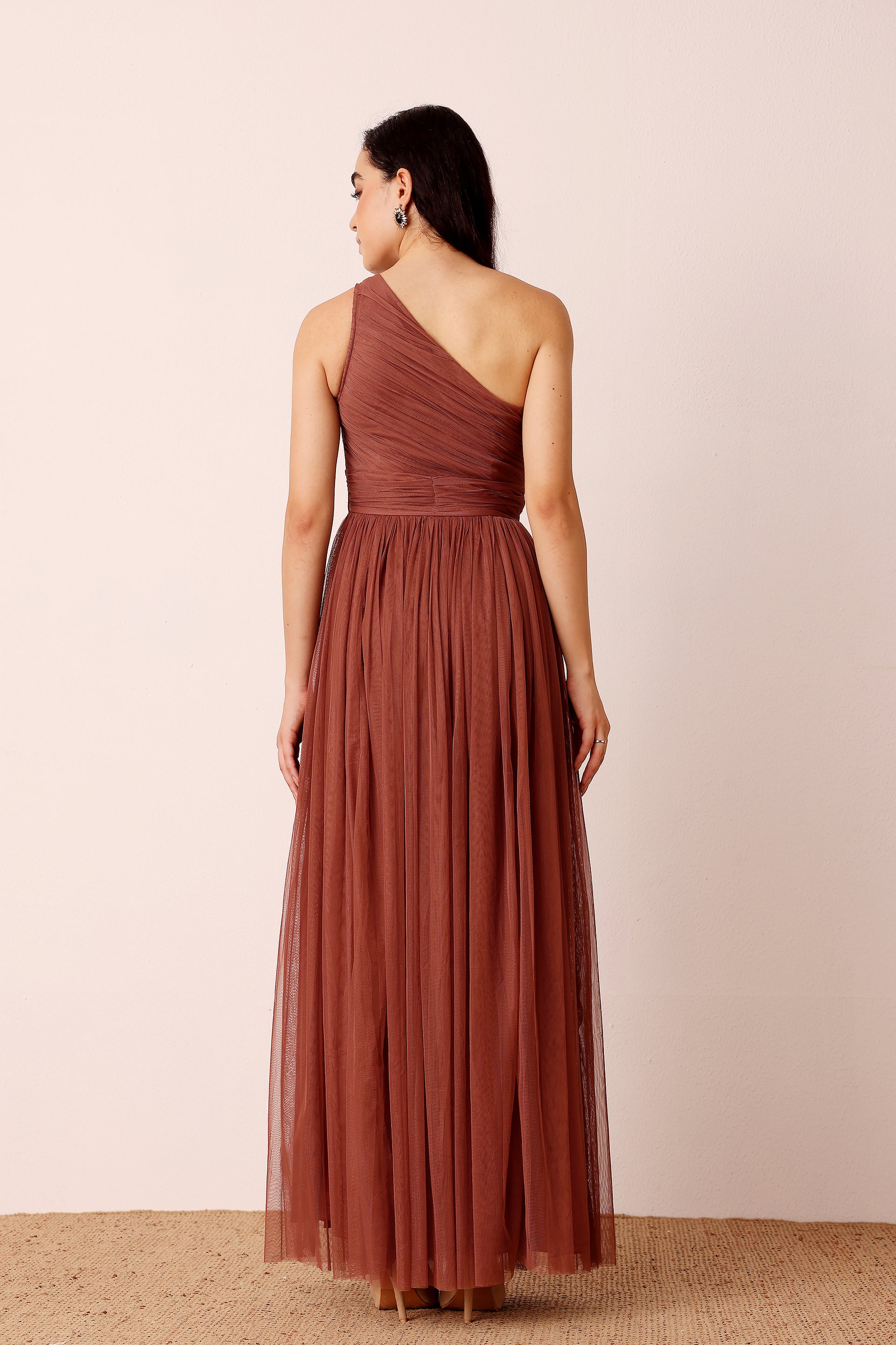 One Shoulder Tulle Maxi Dress in Rose Brown