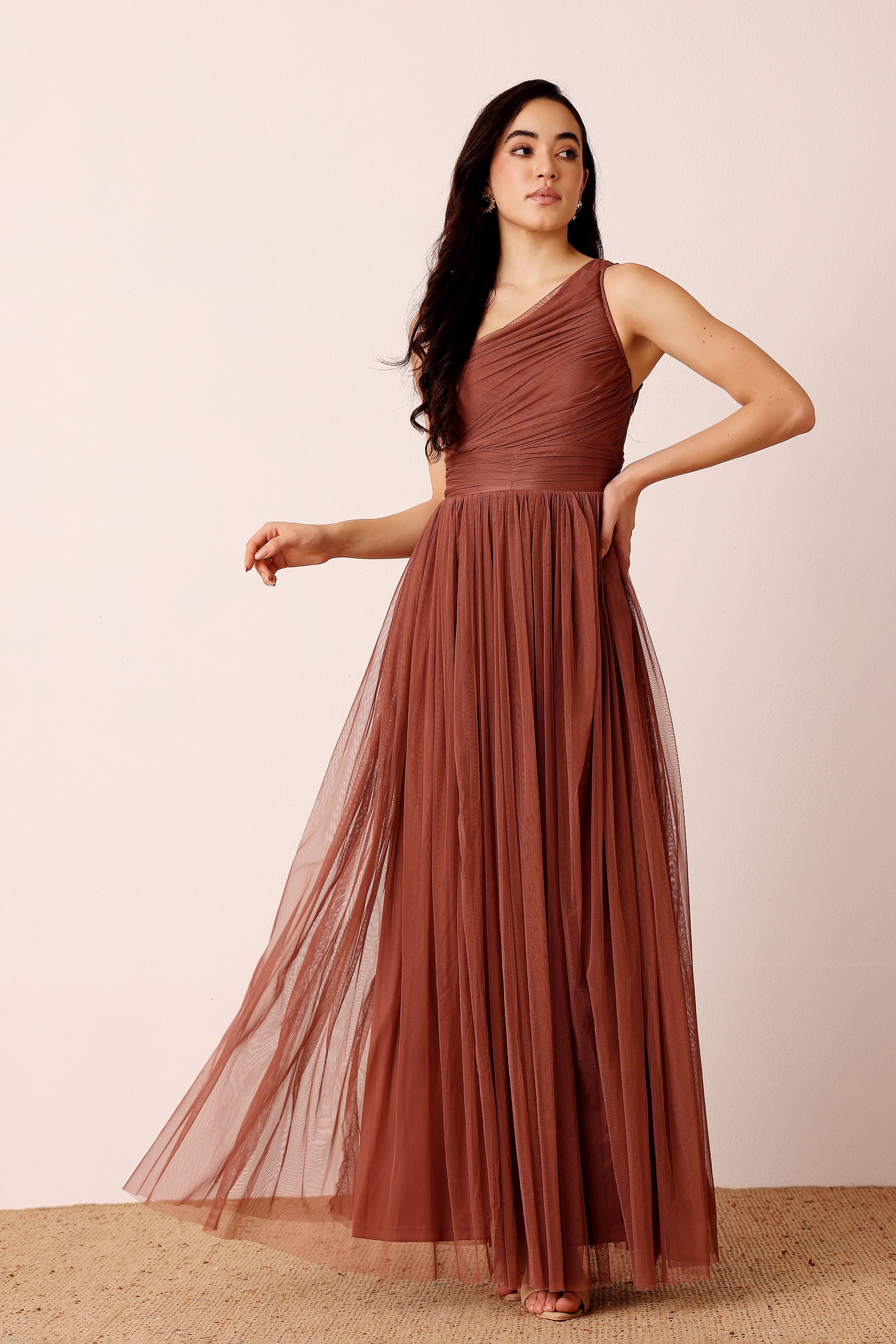One Shoulder Tulle Maxi Dress in Rose Brown
