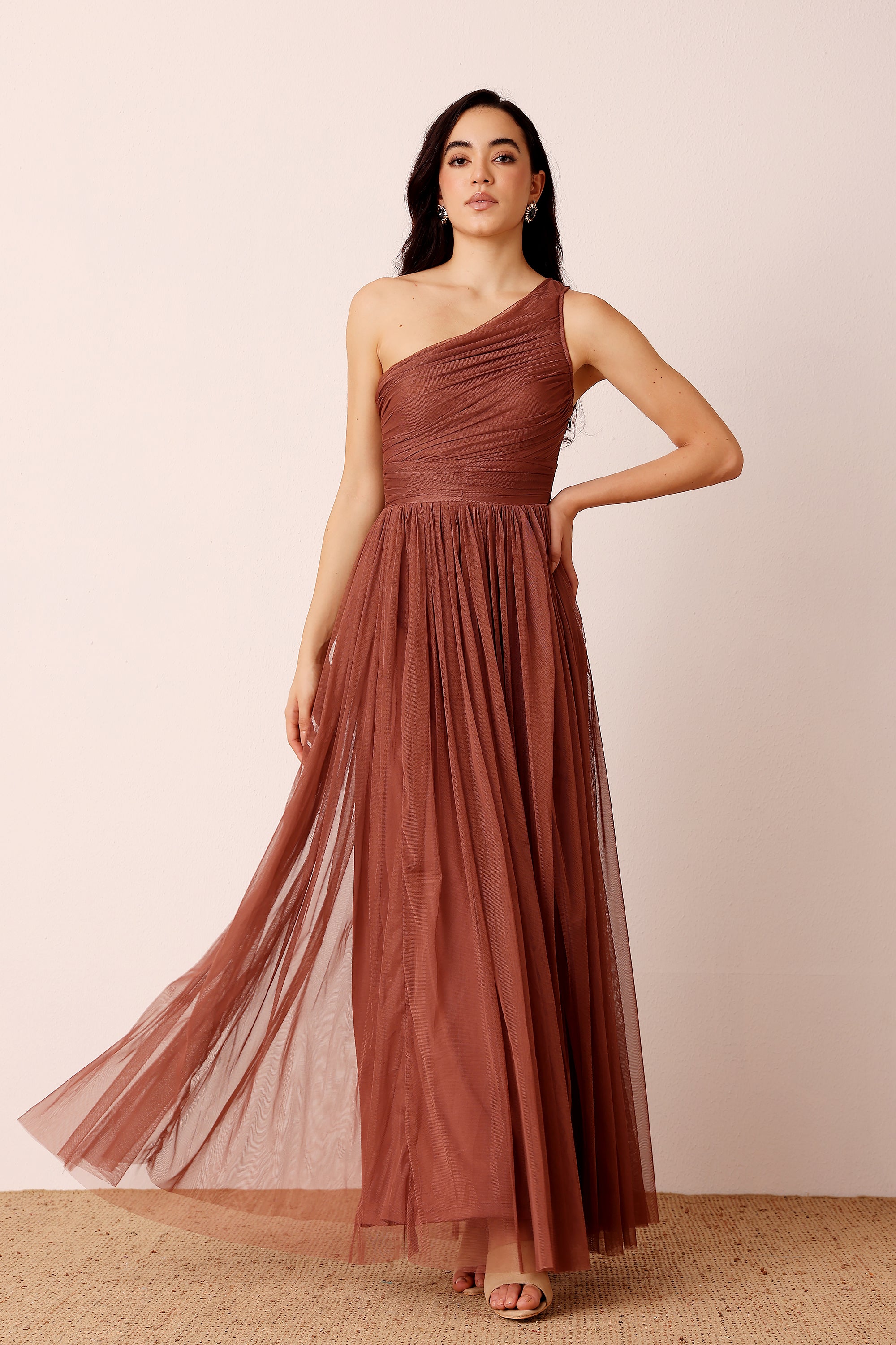 One Shoulder Tulle Maxi Dress in Rose Brown – Lace & Beads