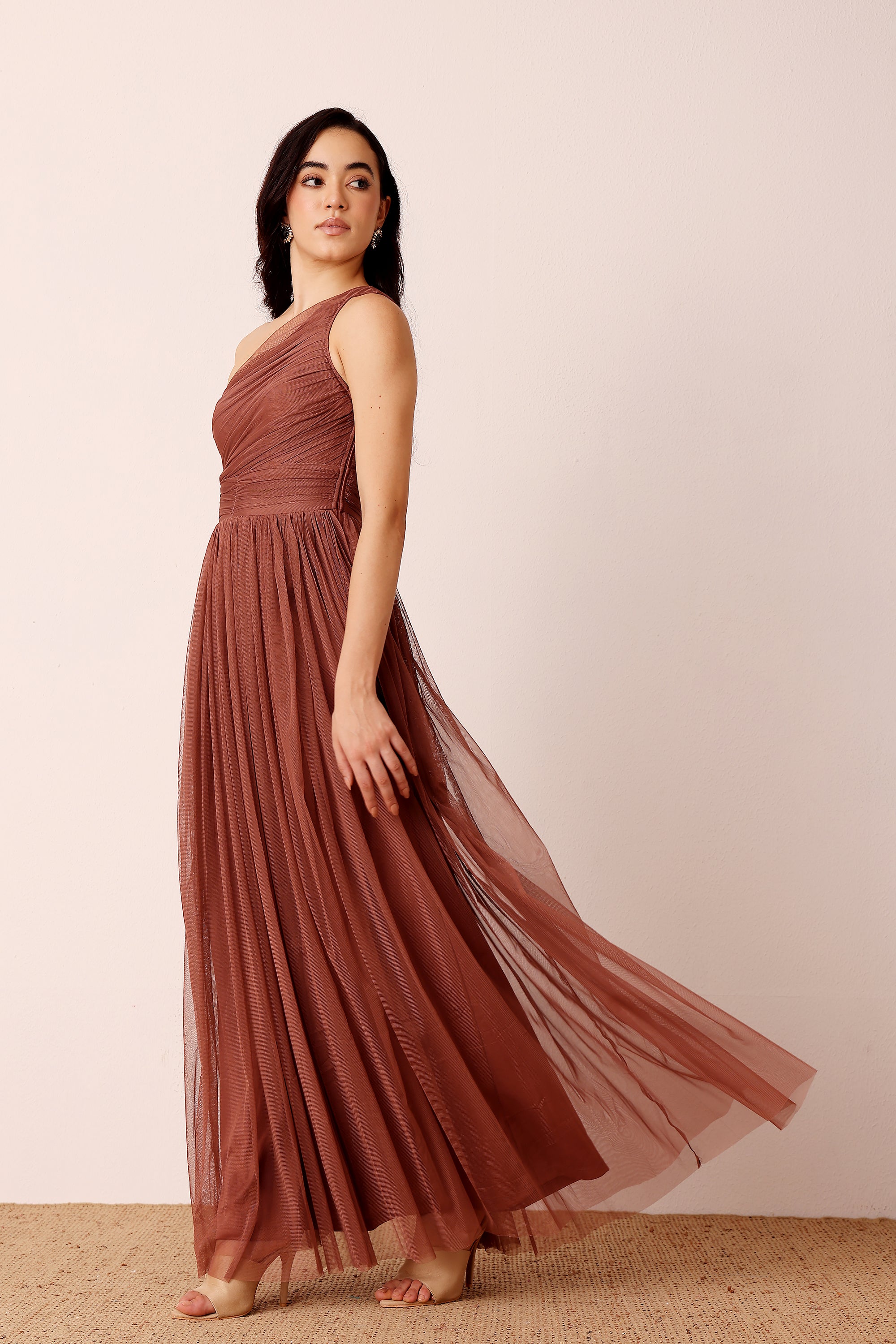 One Shoulder Tulle Maxi Dress in Rose Brown