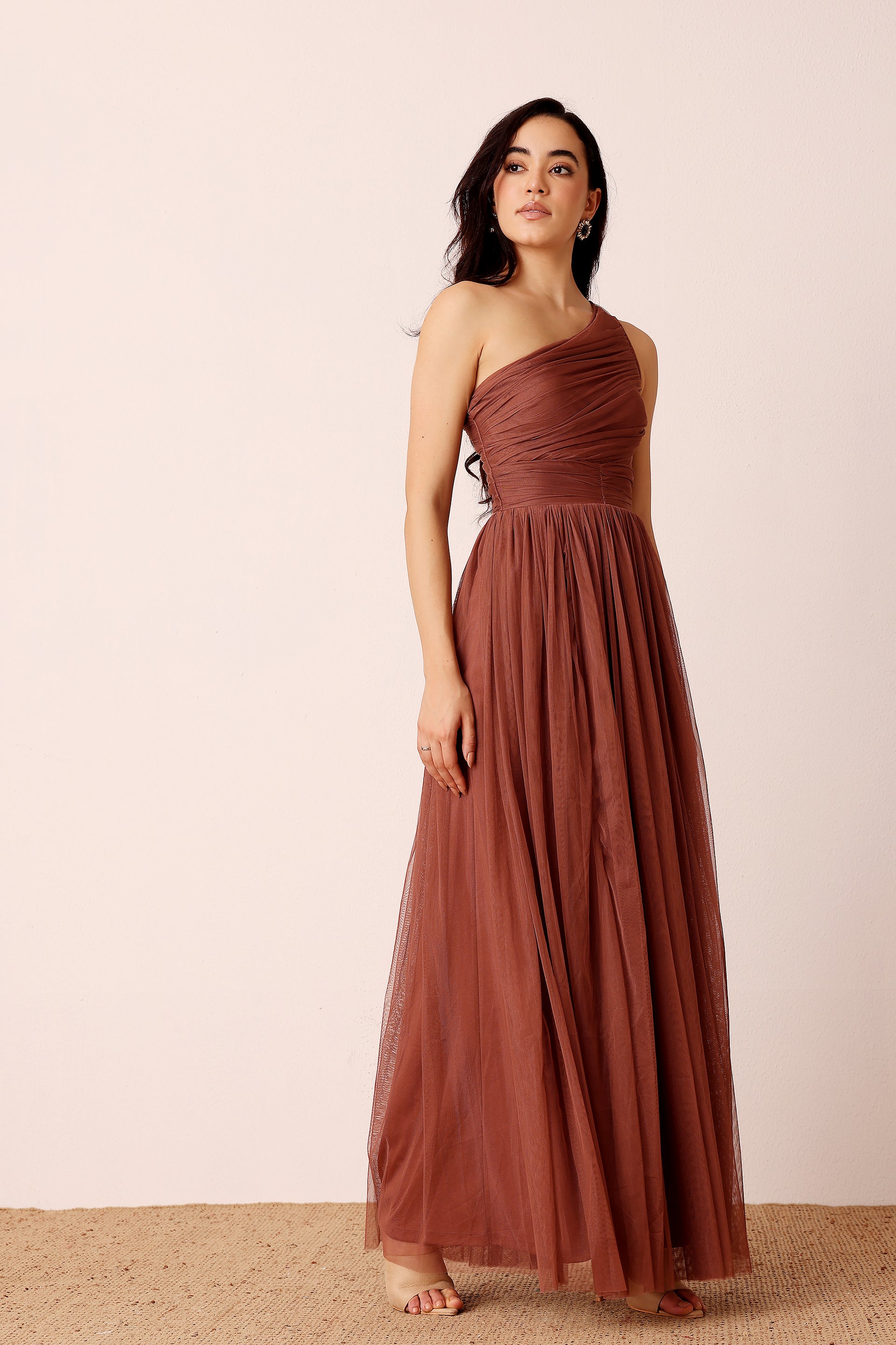 One Shoulder Tulle Maxi Dress in Rose Brown