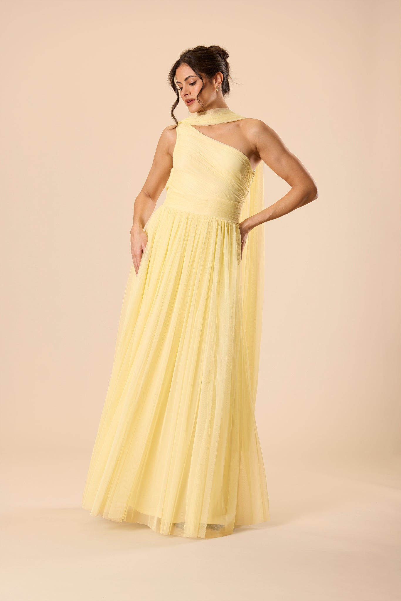 One Shoulder Tulle Maxi Dress in Buttercup Yellow with Scarf