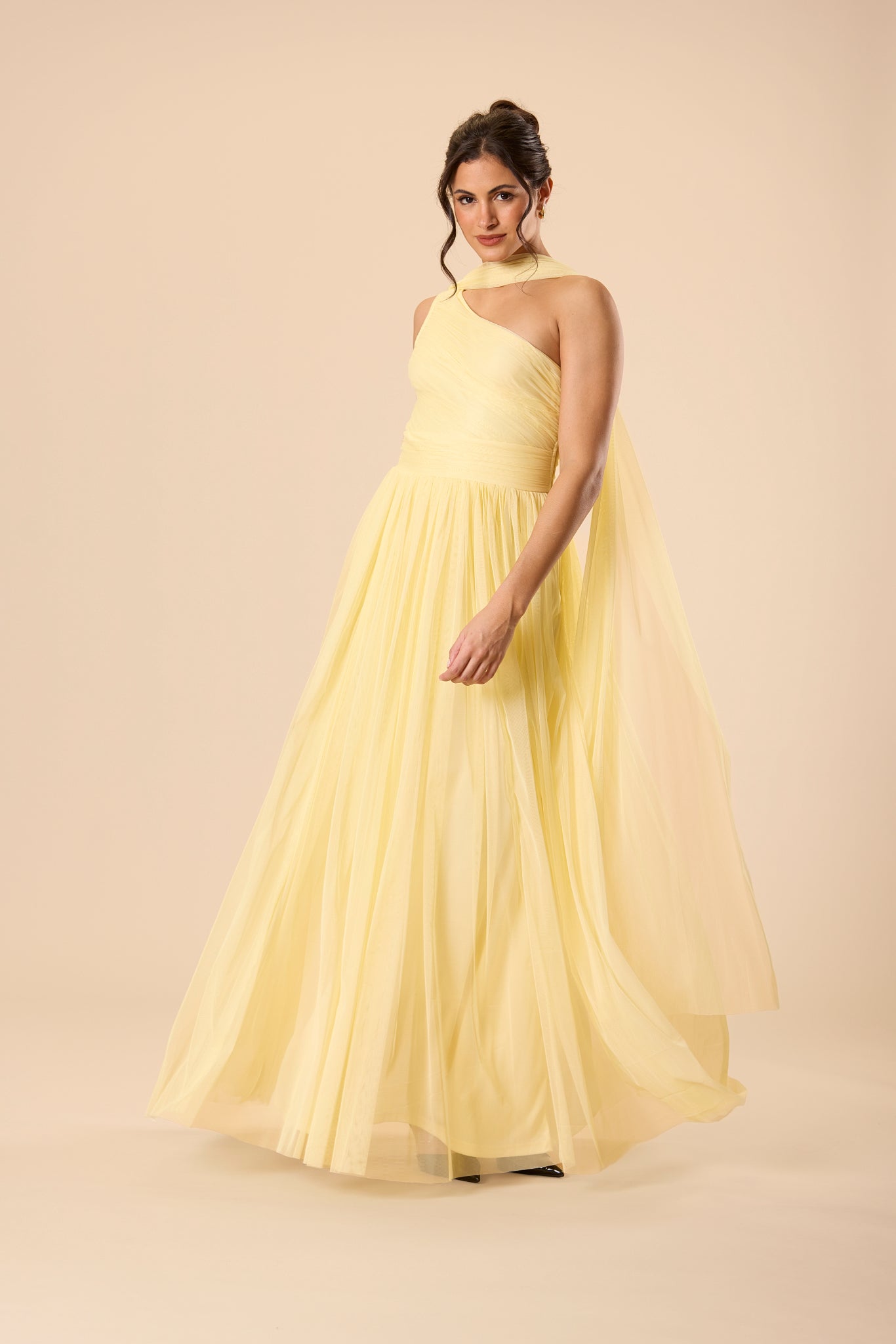 One Shoulder Scarf Tulle Mesh Maxi Bridesmaid Wedding Buttercup Yellow Dress