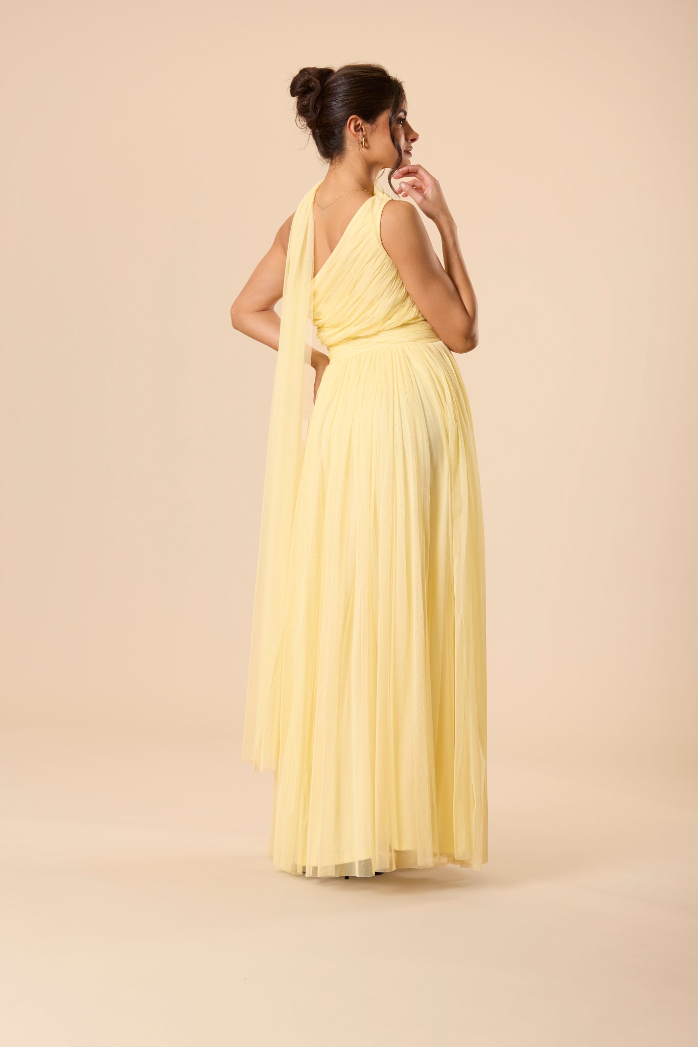 One Shoulder Tulle Maxi Dress in Buttercup Yellow with Scarf