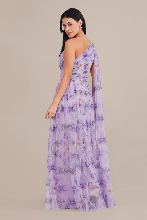 One Shoulder Tulle Maxi Dress in Lilac Floral with Scarf