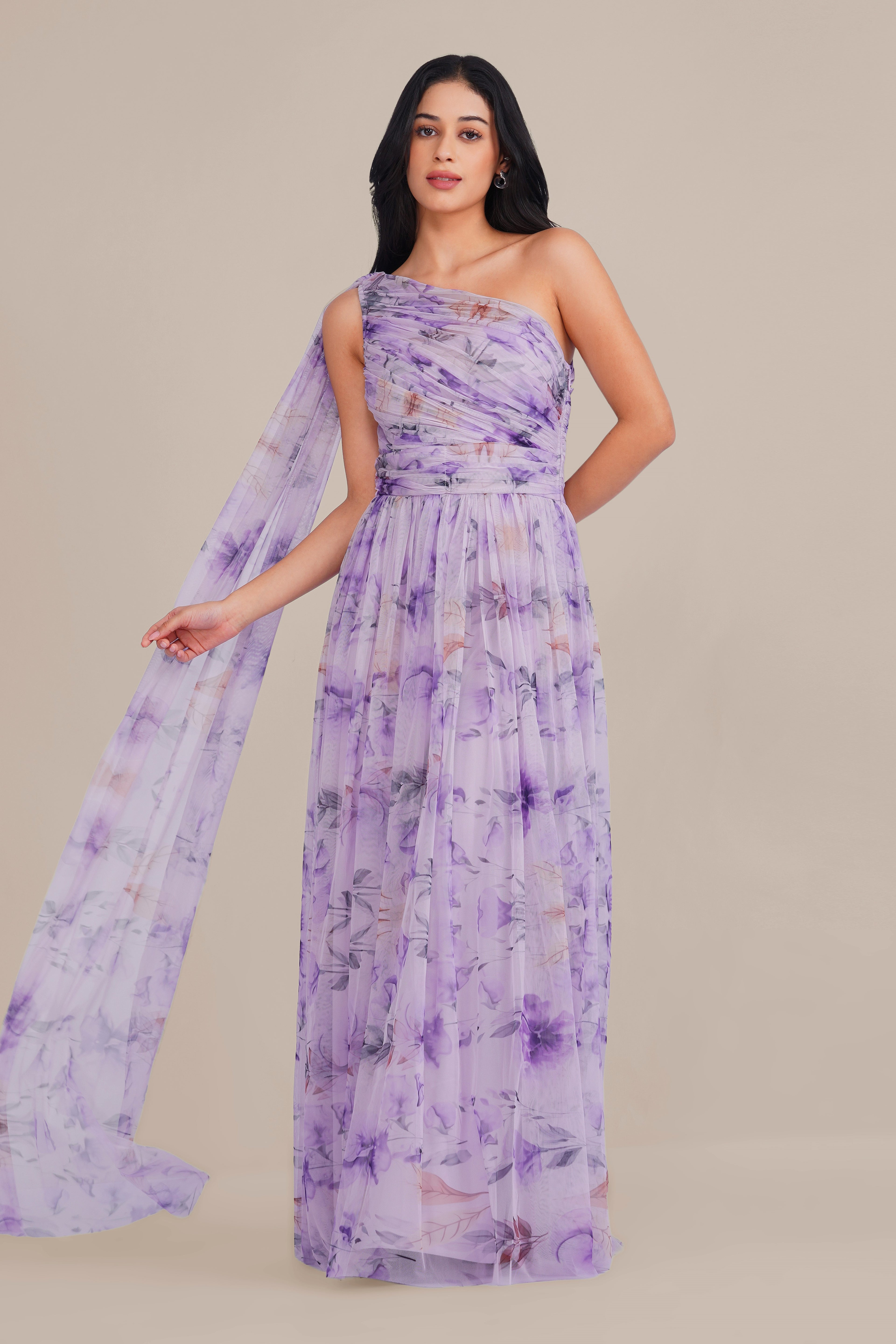 Bridesmaid Occasionwear Formal Scarf One Shoulder Tulle Maxi Dress
