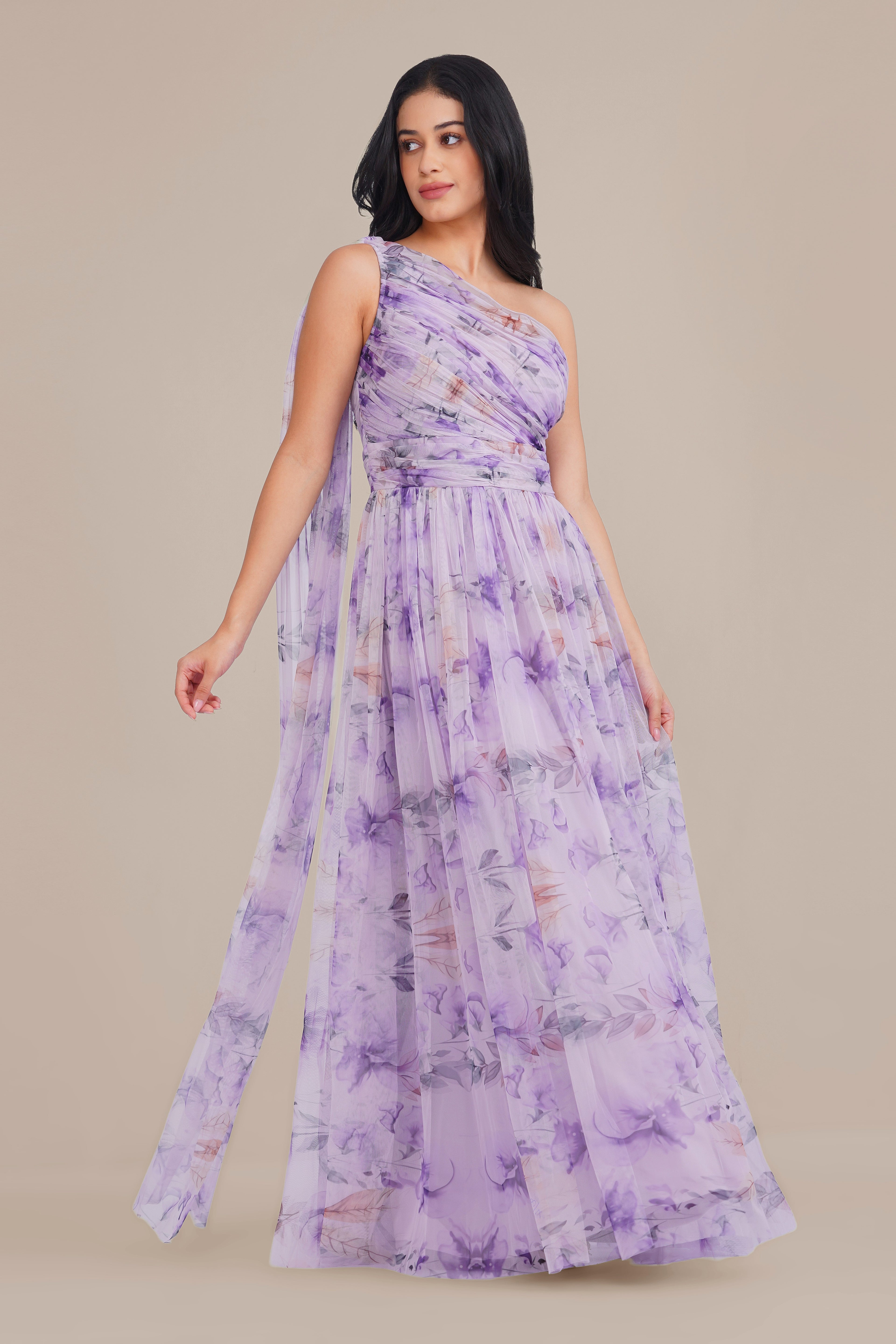 One Shoulder Tulle Maxi Dress in Lilac Floral with Scarf