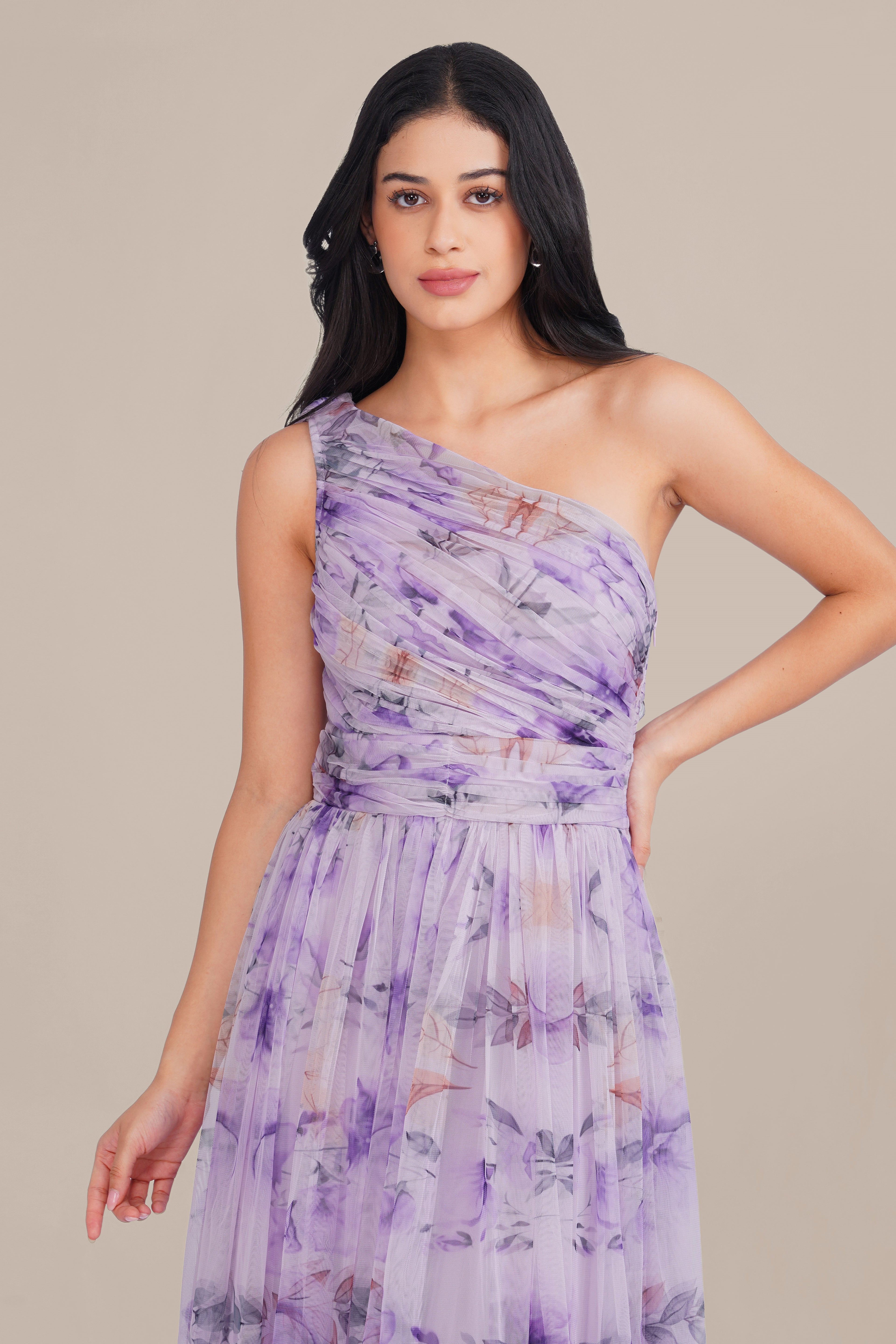 One Shoulder Tulle Maxi Dress in Lilac Floral with Scarf