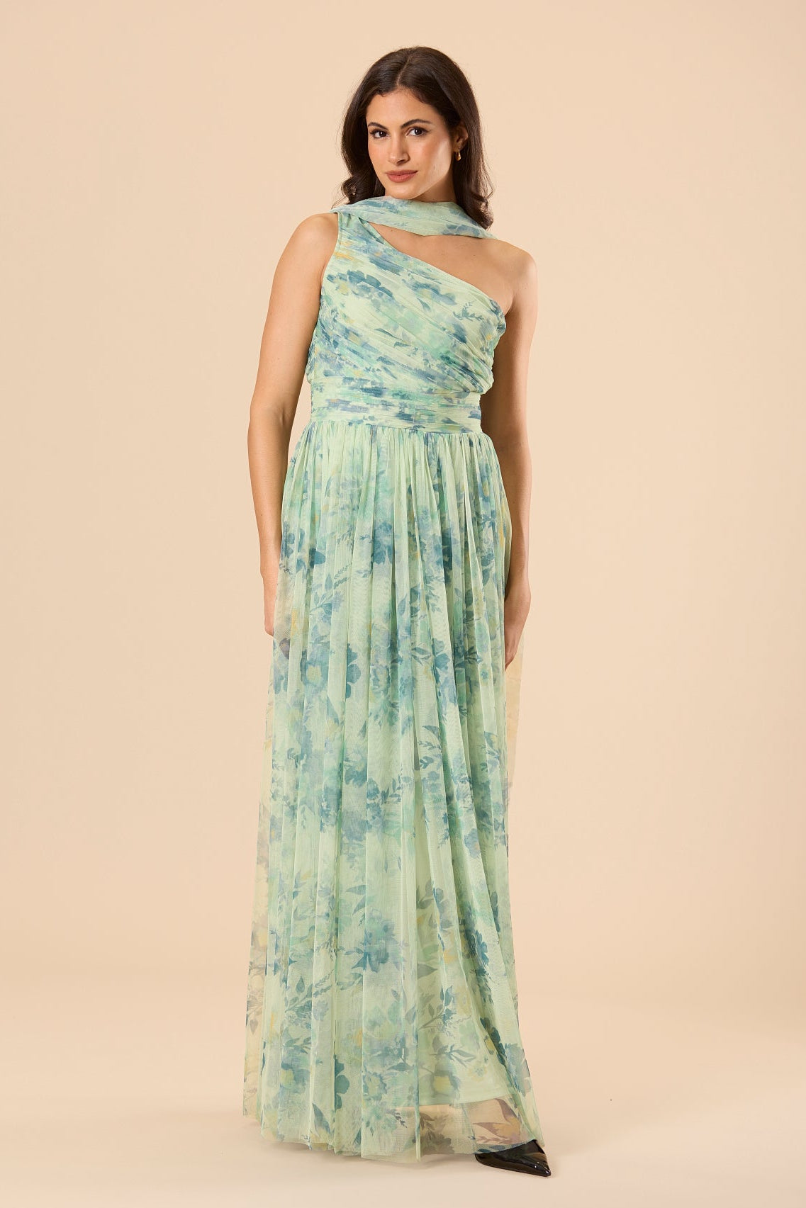 One Shoulder Tulle Maxi Dress in Light Sage Floral with Scarf