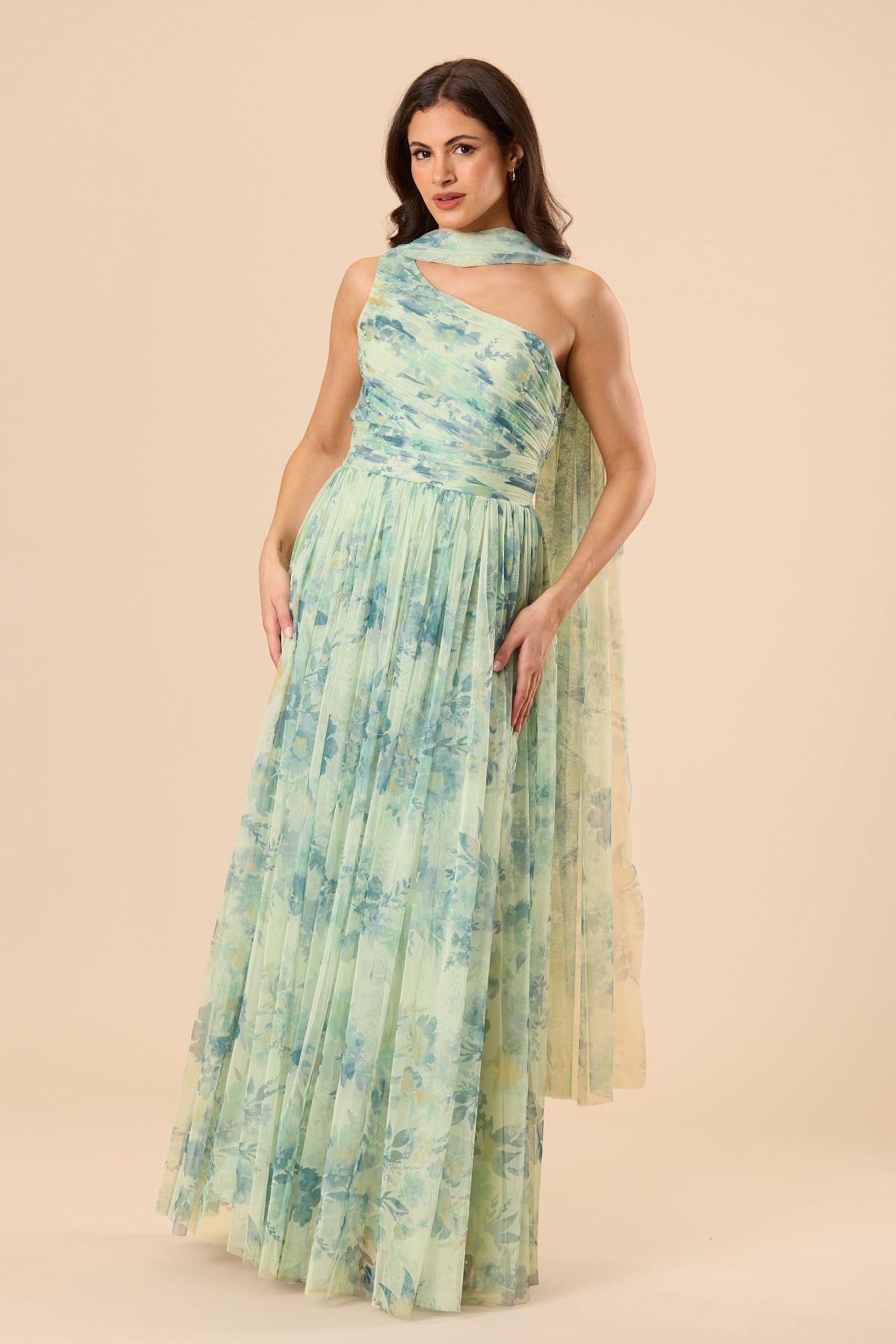 One Shoulder Tulle Maxi Dress in Light Sage Floral with Scarf