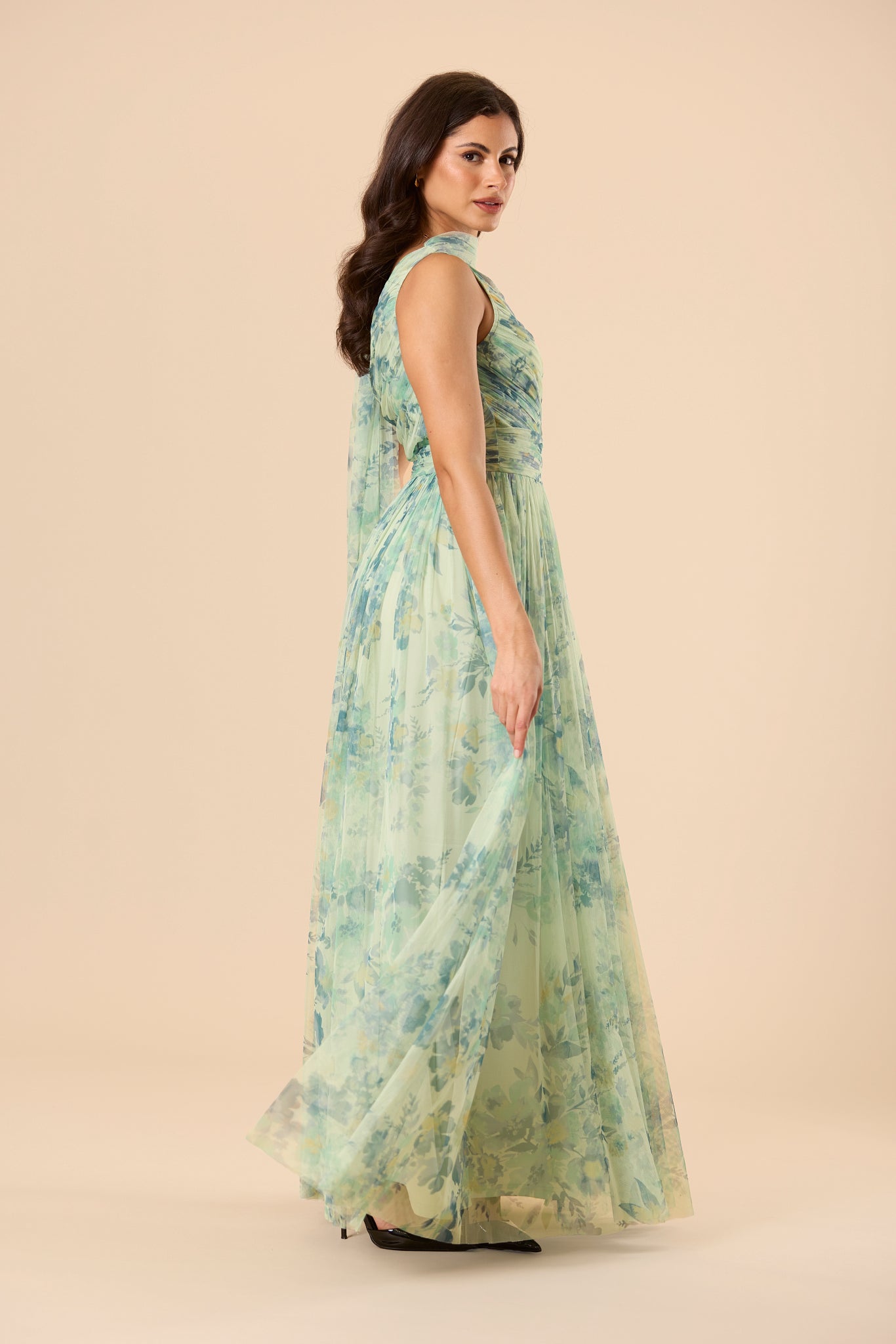 One Shoulder Tulle Maxi Dress in Light Sage Floral with Scarf