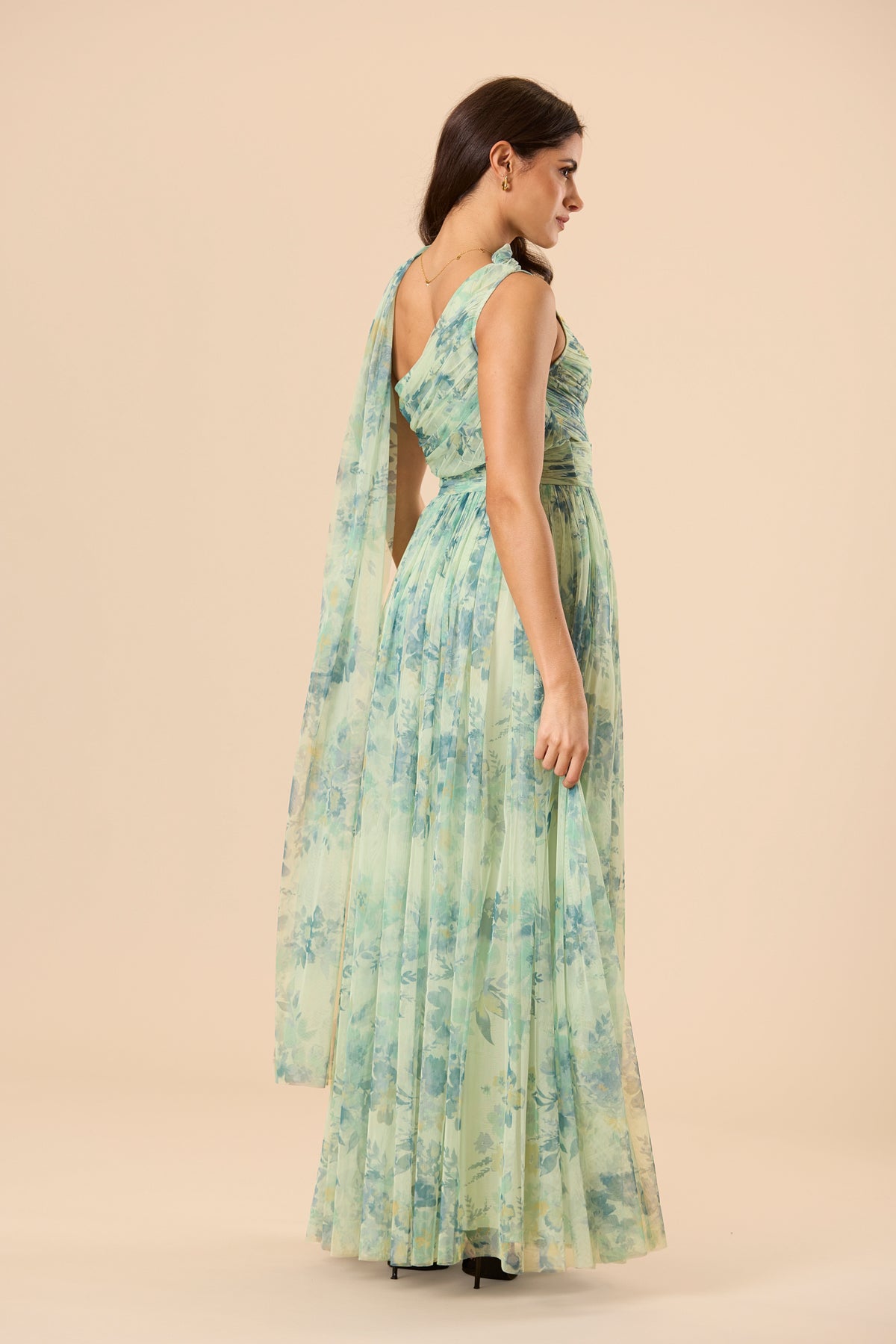 One Shoulder Tulle Maxi Dress in Light Sage Floral with Scarf