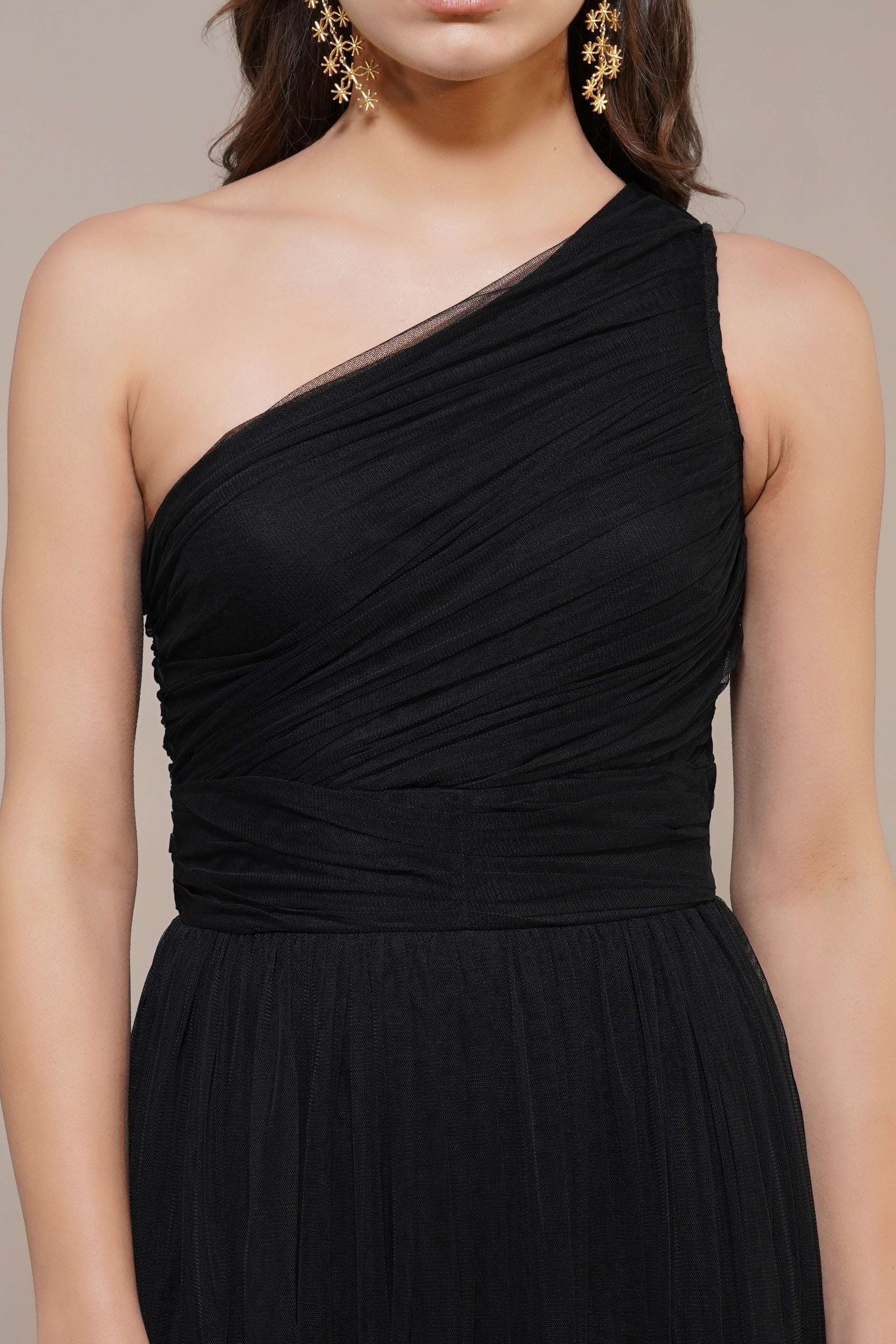 One Shoulder Tulle Maxi Dress in Black
