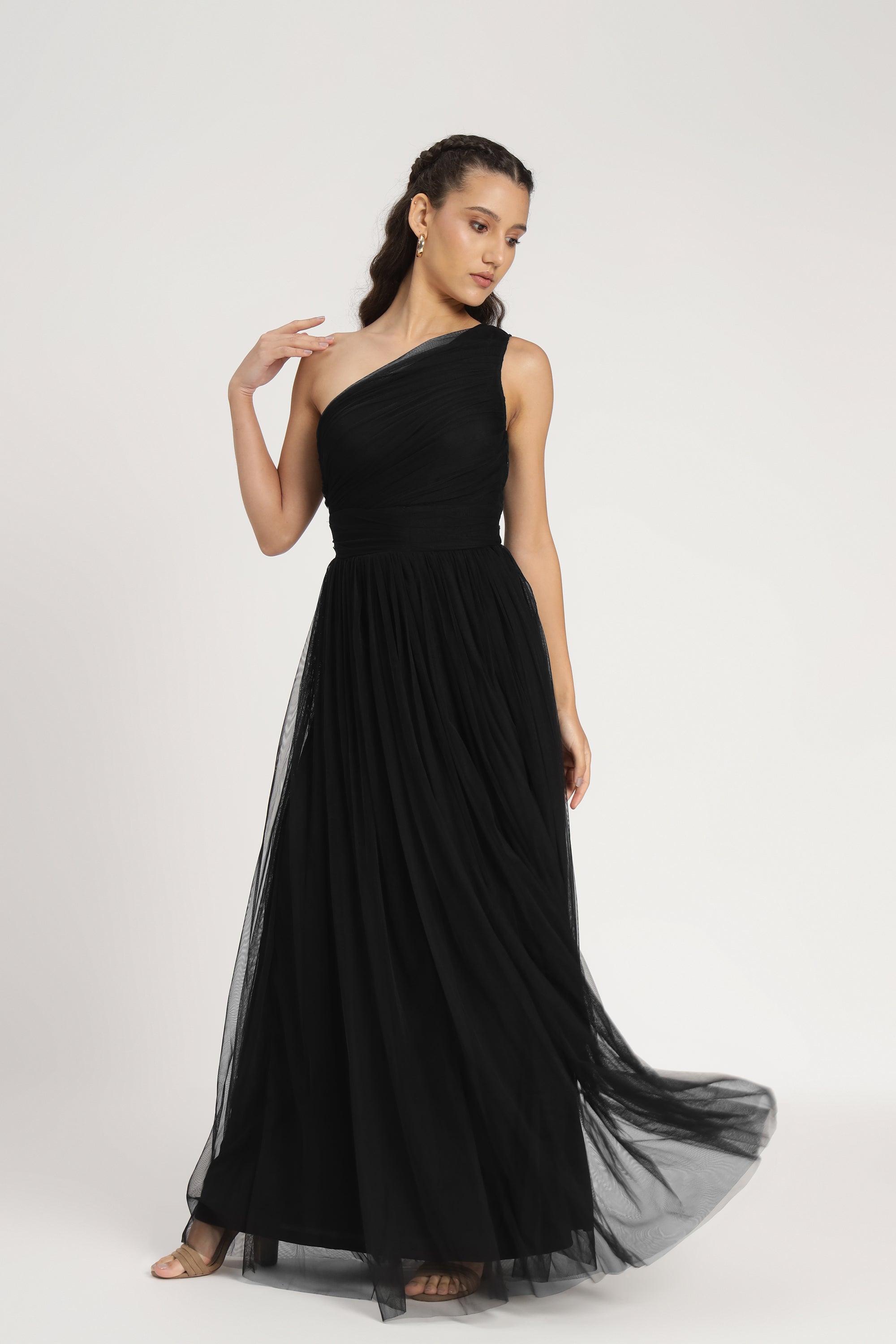 strapless open back dress Women's Black Satin One Shoulder Scarf Neck Maxi Dress | Ellen main image 1