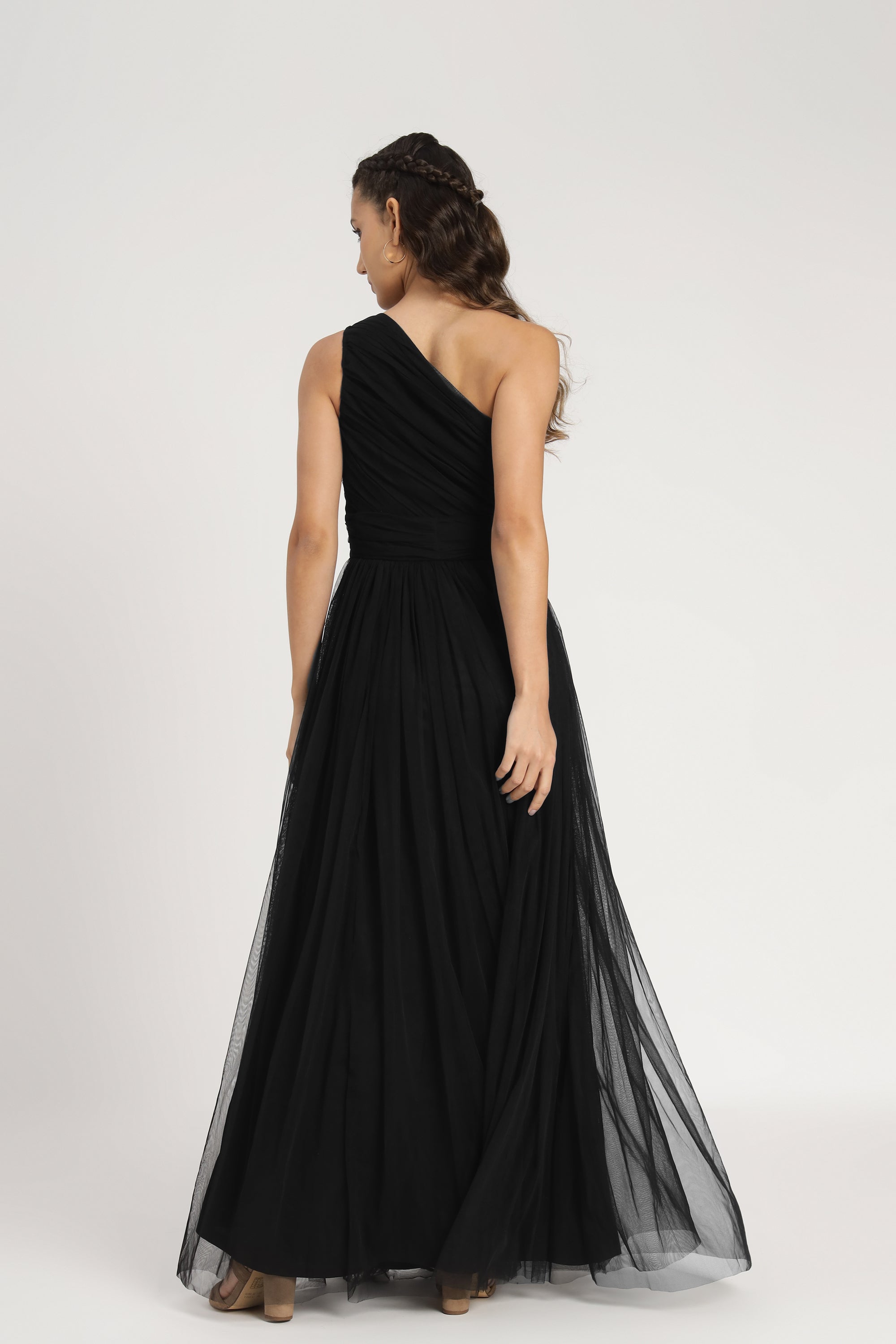 One Shoulder Tulle Maxi Dress in Black