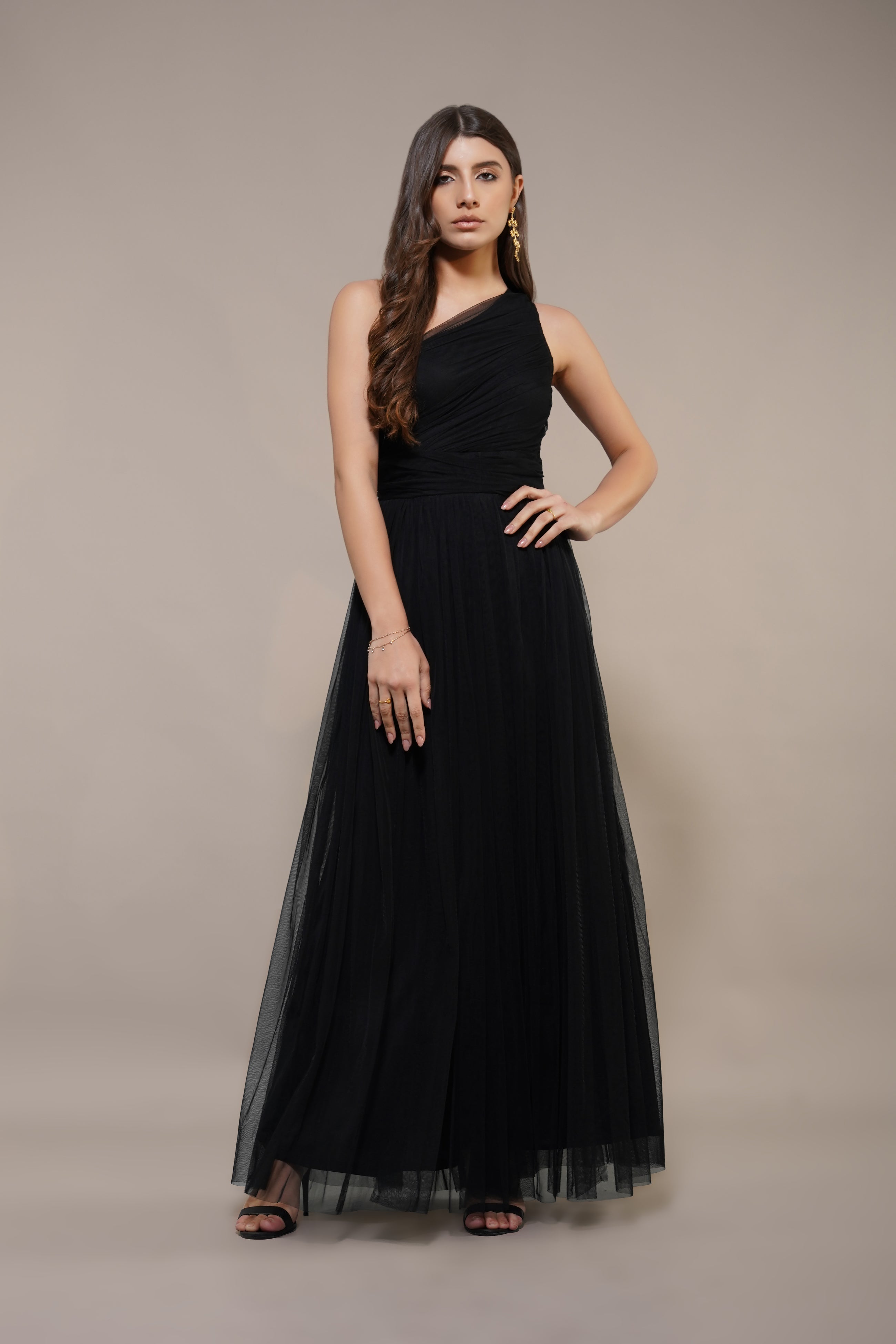One Shoulder Tulle Maxi Dress in Black