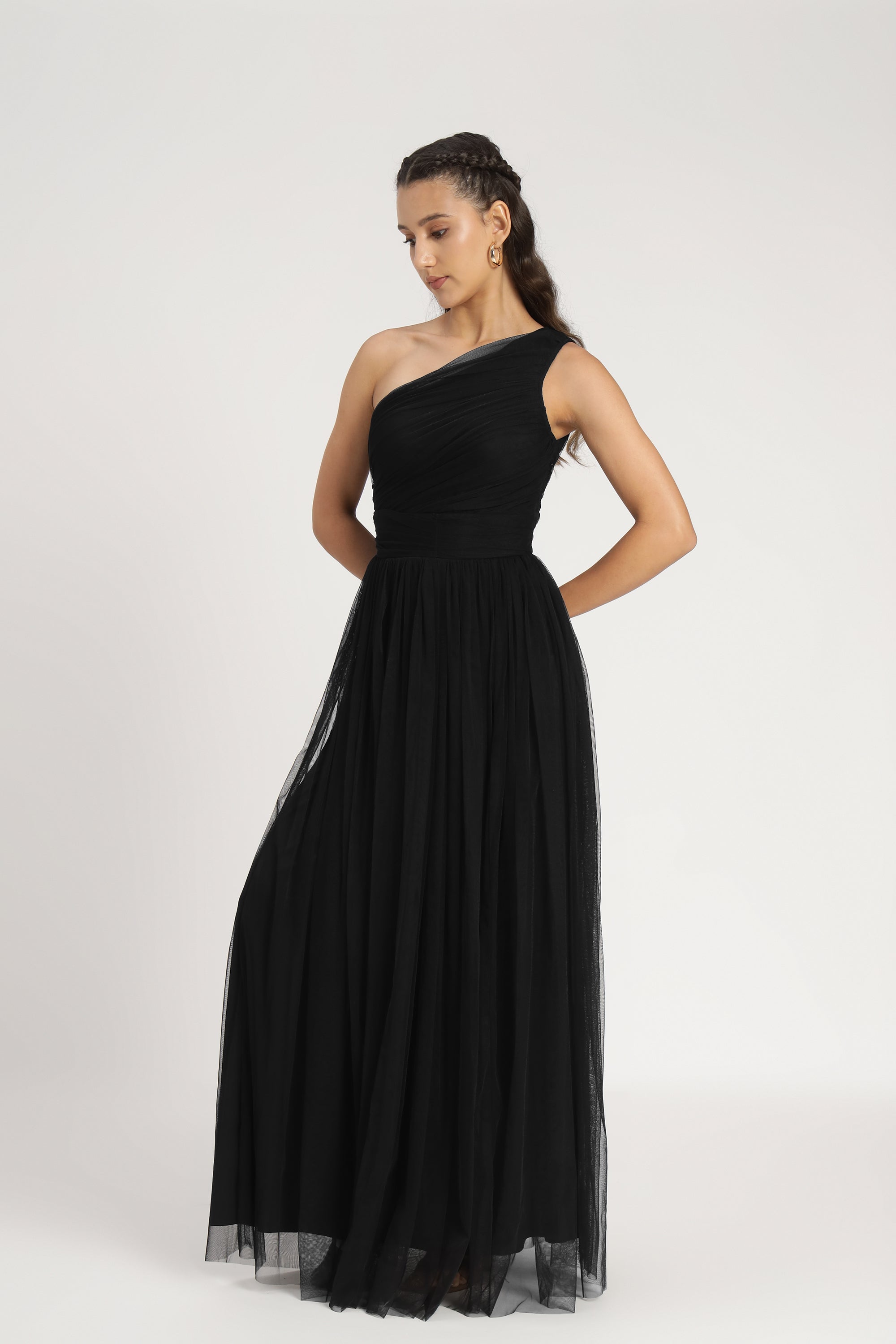 One Shoulder Tulle Maxi Dress in Black