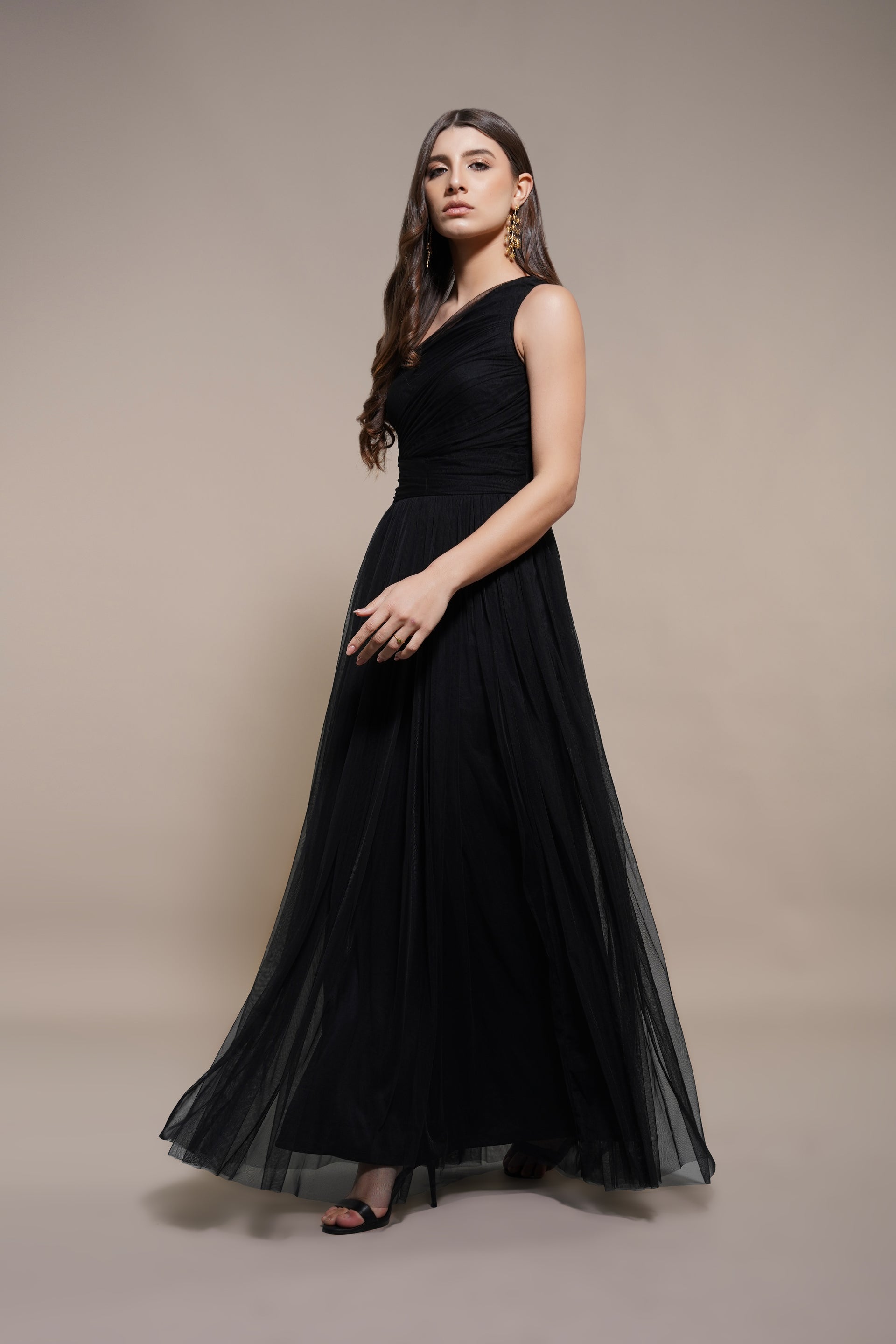 One Shoulder Tulle Maxi Dress in Black