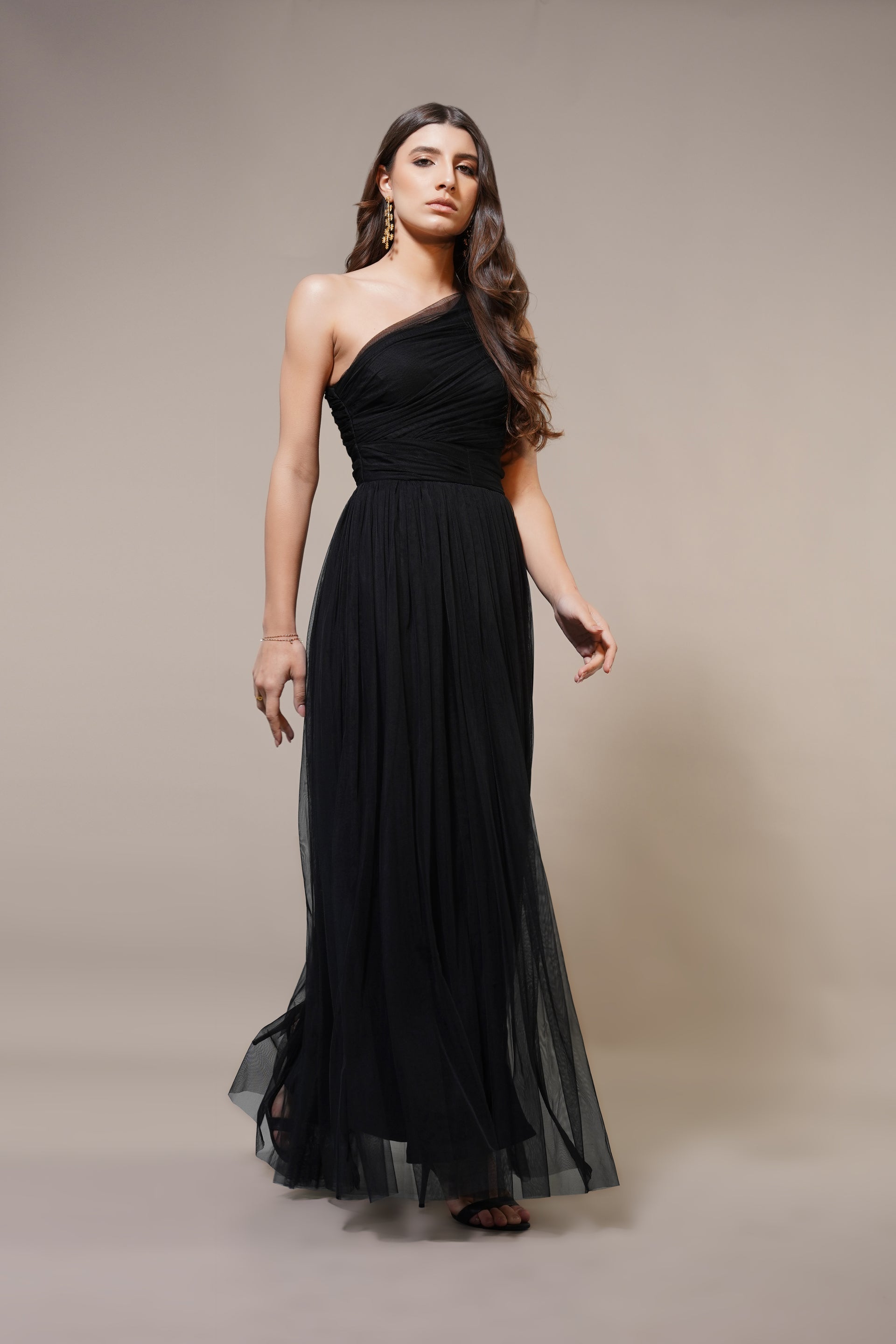 One Shoulder Tulle Maxi Dress in Black