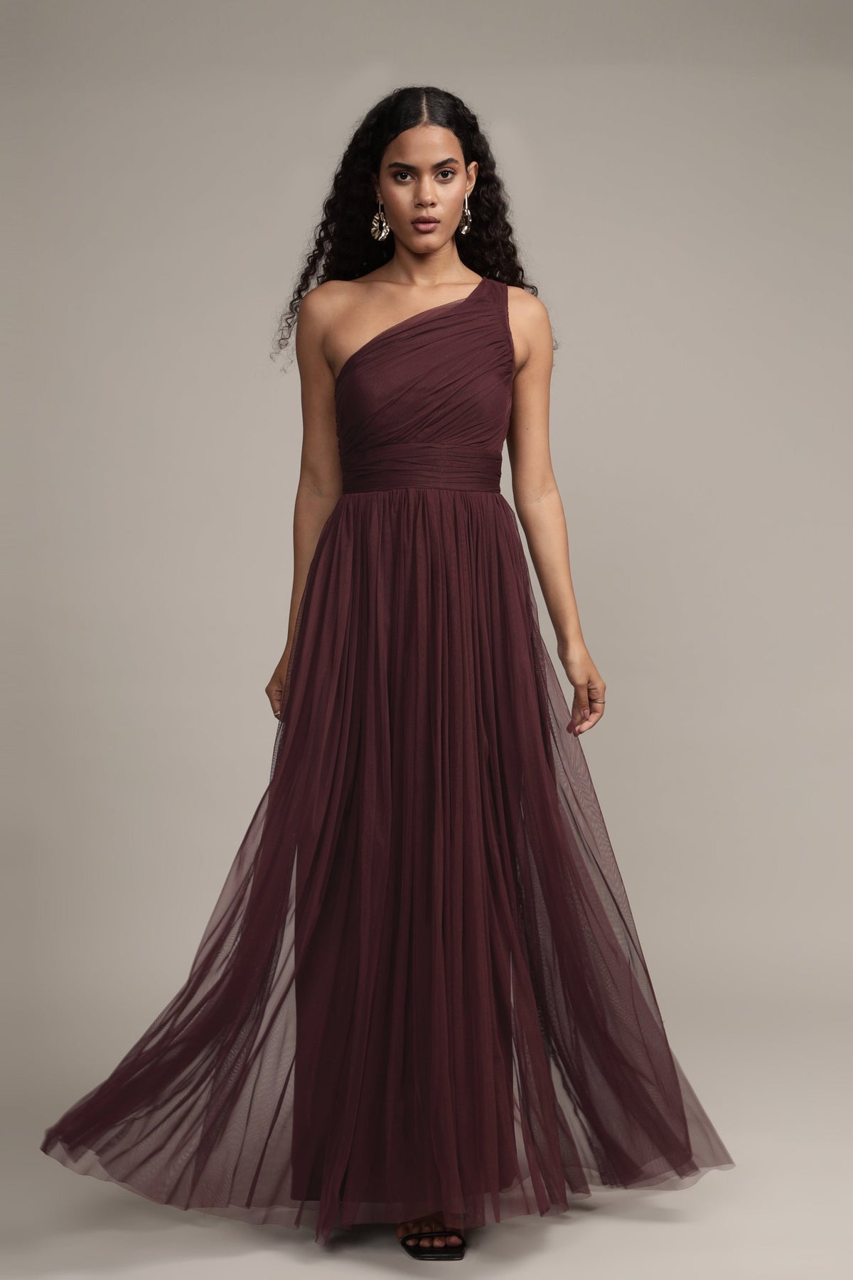 One Shoulder Tulle Maxi Dress in Plum