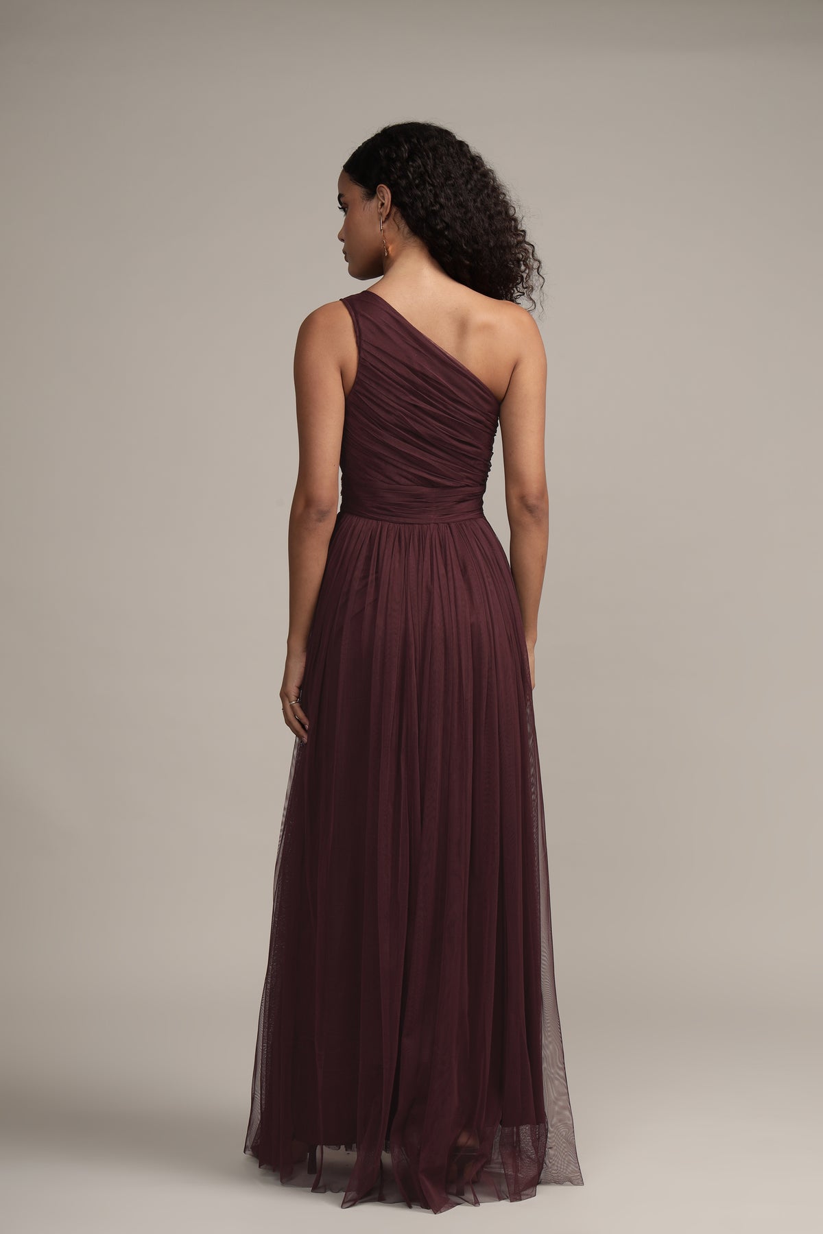 One Shoulder Tulle Maxi Dress in Plum